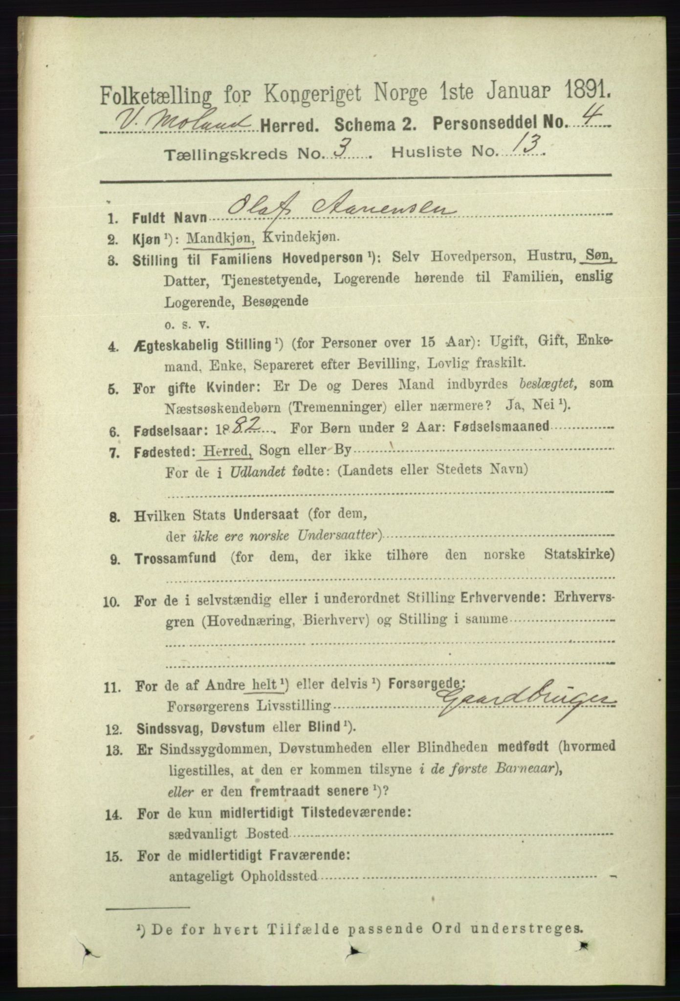 RA, 1891 census for 0926 Vestre Moland, 1891, p. 1023