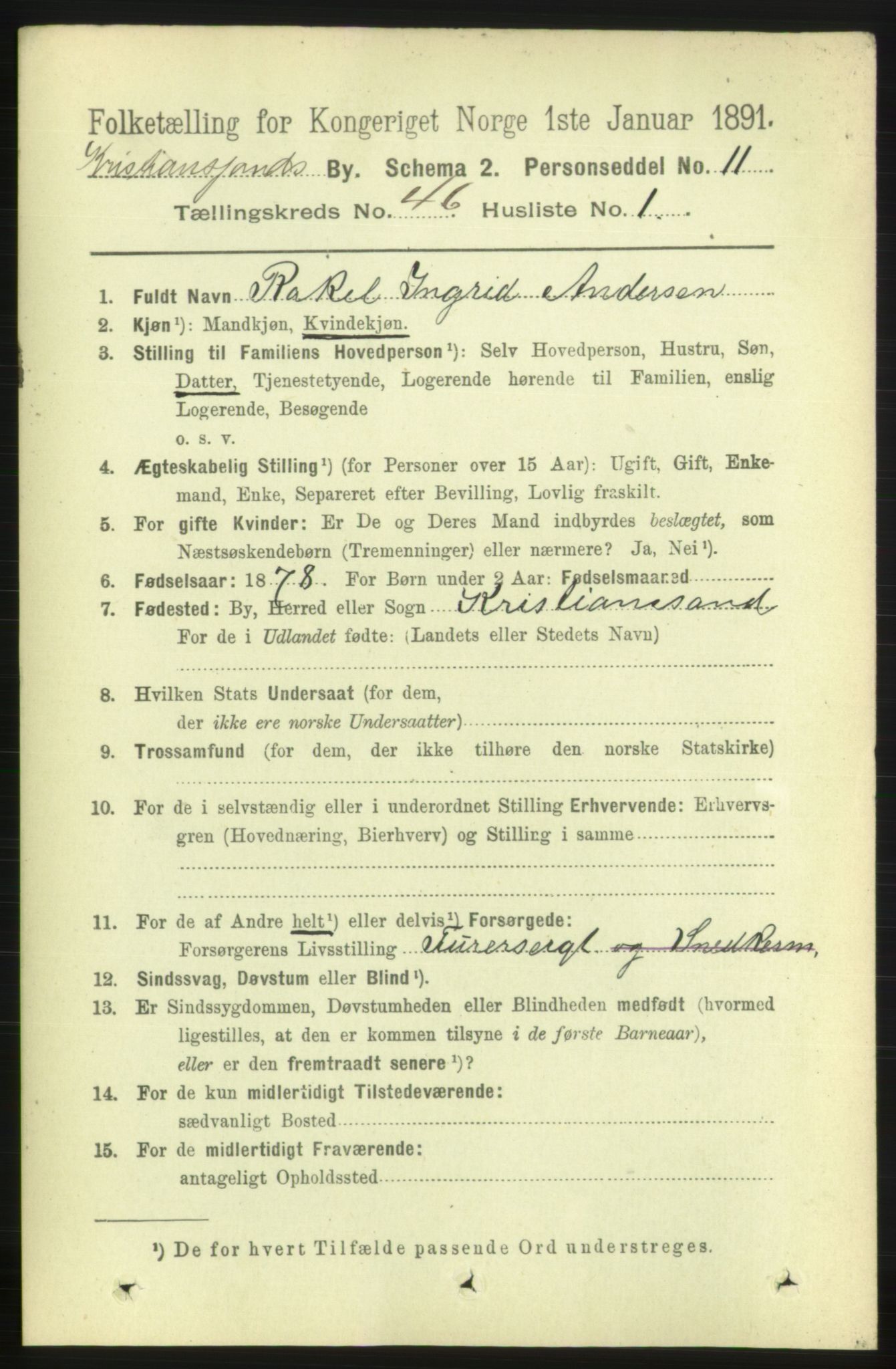 RA, 1891 census for 1001 Kristiansand, 1891, p. 14010