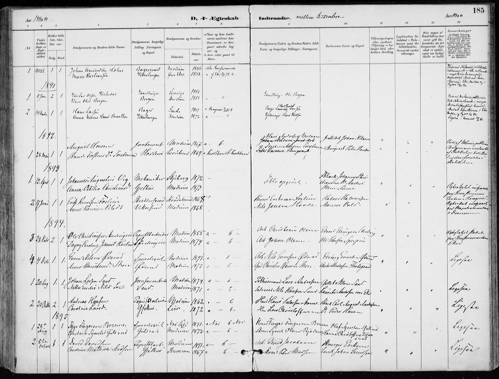 Modum kirkebøker, AV/SAKO-A-234/F/Fa/L0012: Parish register (official) no. 12, 1890-1898, p. 185