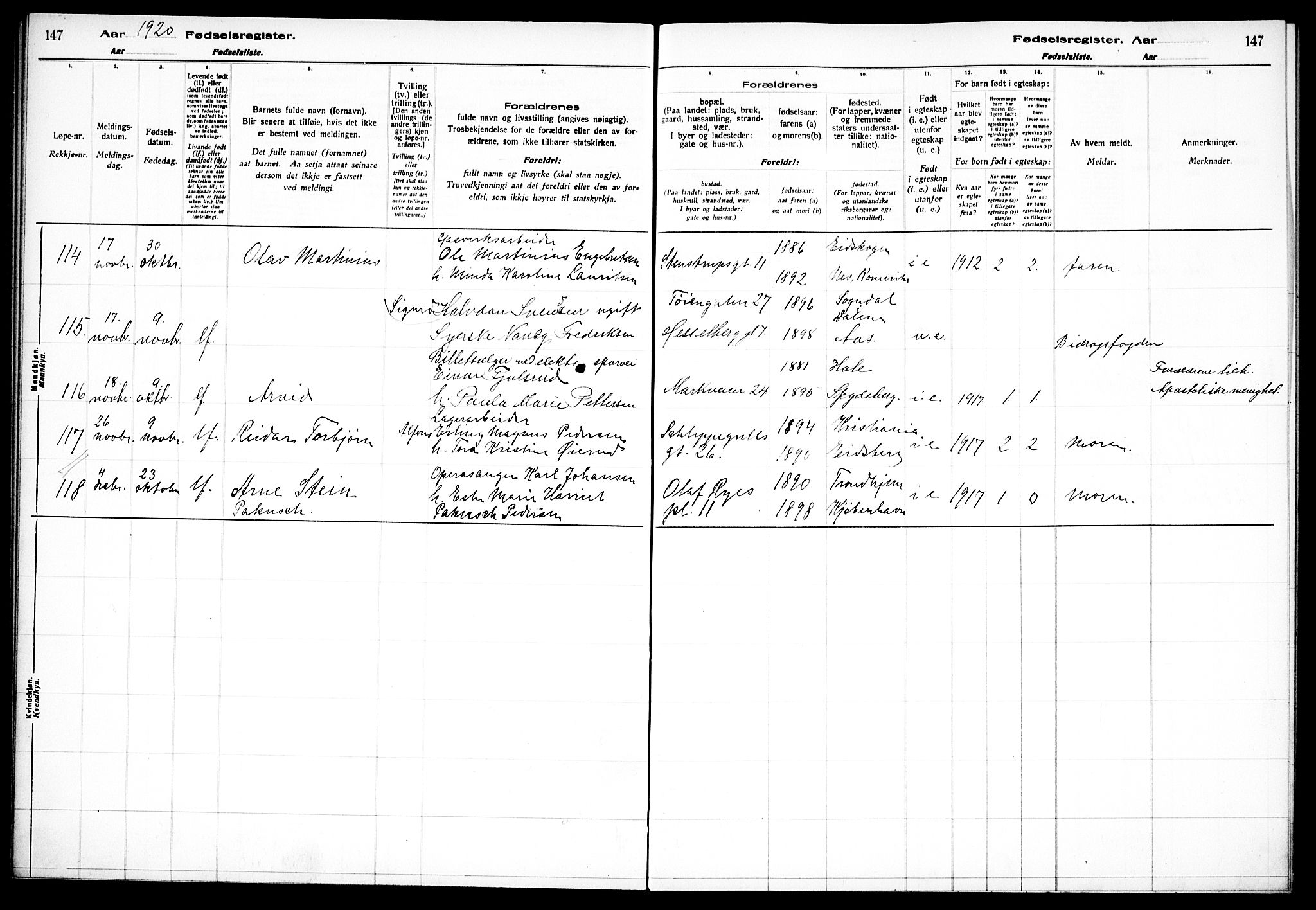 Paulus prestekontor Kirkebøker, AV/SAO-A-10871/J/Ja/L0001: Birth register no. 1, 1916-1923, p. 147