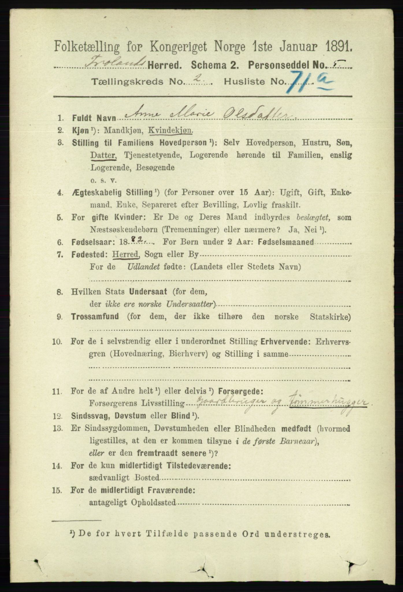 RA, 1891 census for 0919 Froland, 1891, p. 954