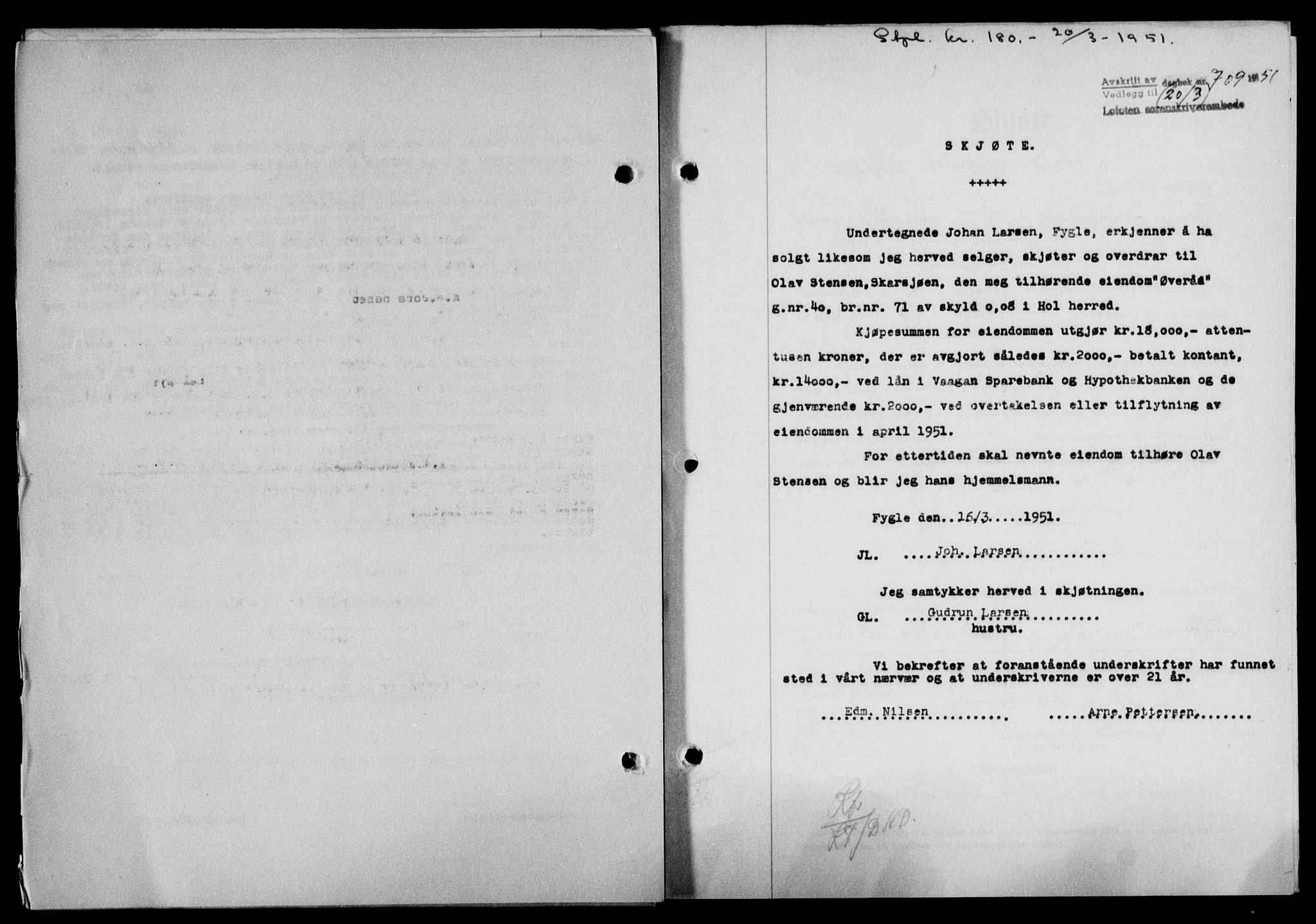 Lofoten sorenskriveri, SAT/A-0017/1/2/2C/L0025a: Mortgage book no. 25a, 1950-1951, Diary no: : 709/1951