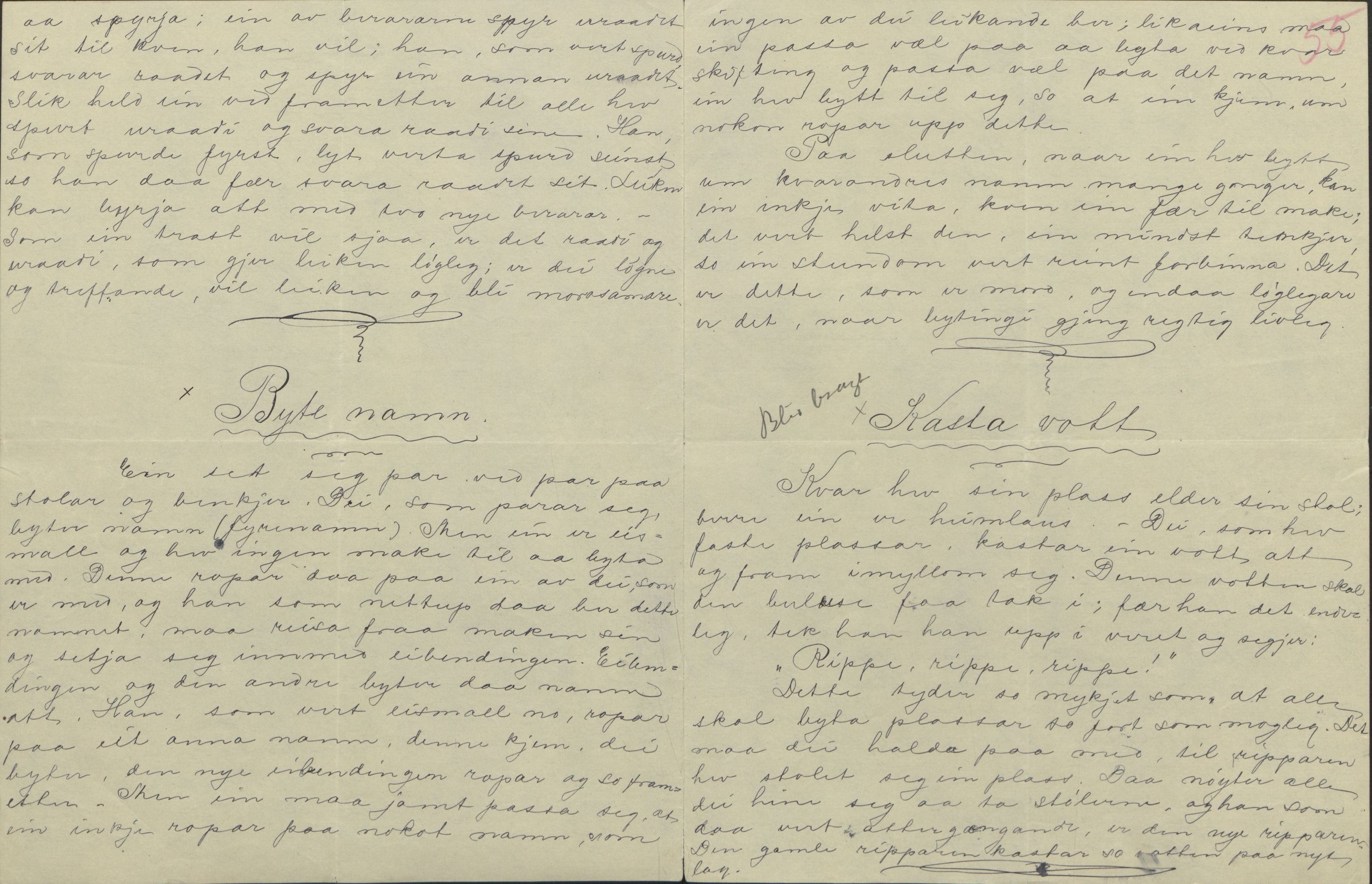 Rikard Berge, TEMU/TGM-A-1003/F/L0004/0053: 101-159 / 157 Manuskript, notatar, brev o.a. Nokre leiker, manuskript, 1906-1908, p. 54-55