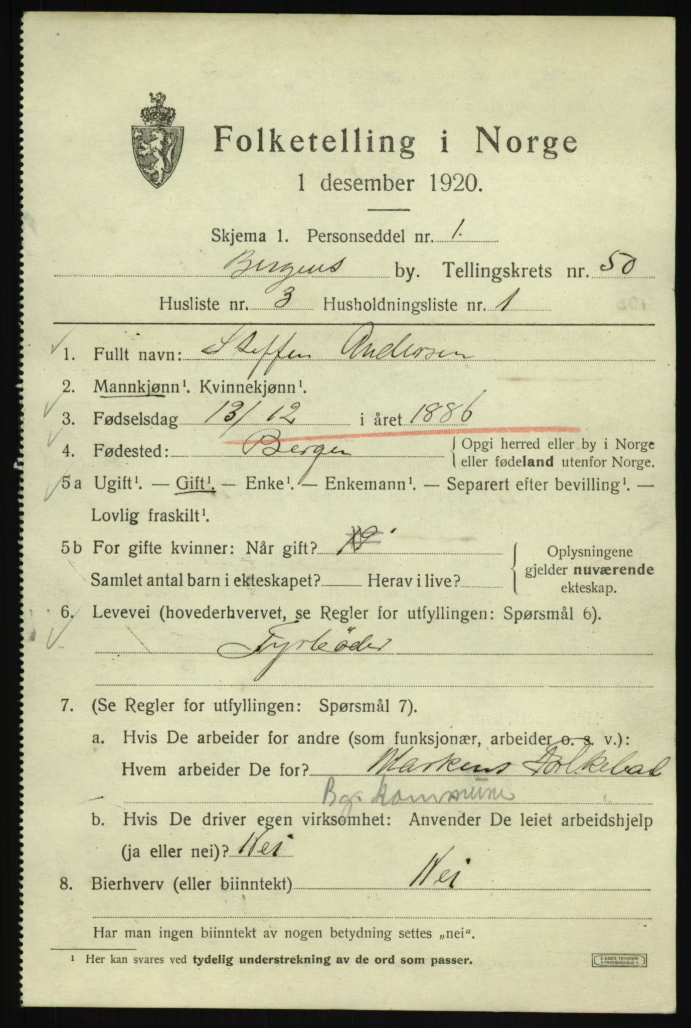 SAB, 1920 census for Bergen, 1920, p. 118896