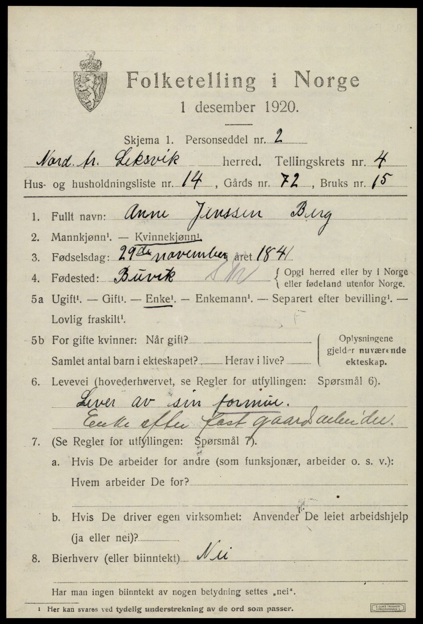 SAT, 1920 census for Leksvik, 1920, p. 3664