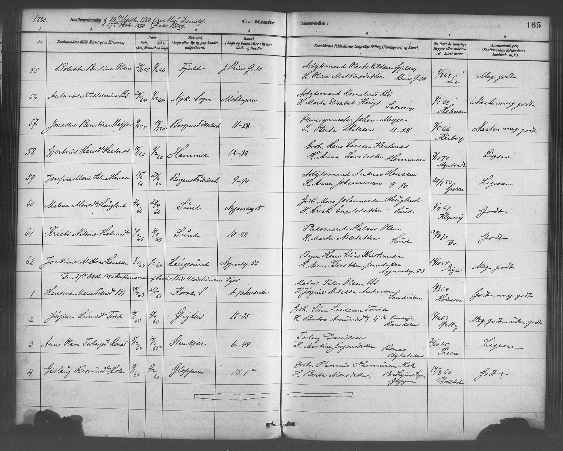 Domkirken sokneprestembete, SAB/A-74801/H/Haa/L0030: Parish register (official) no. C 5, 1880-1898, p. 165