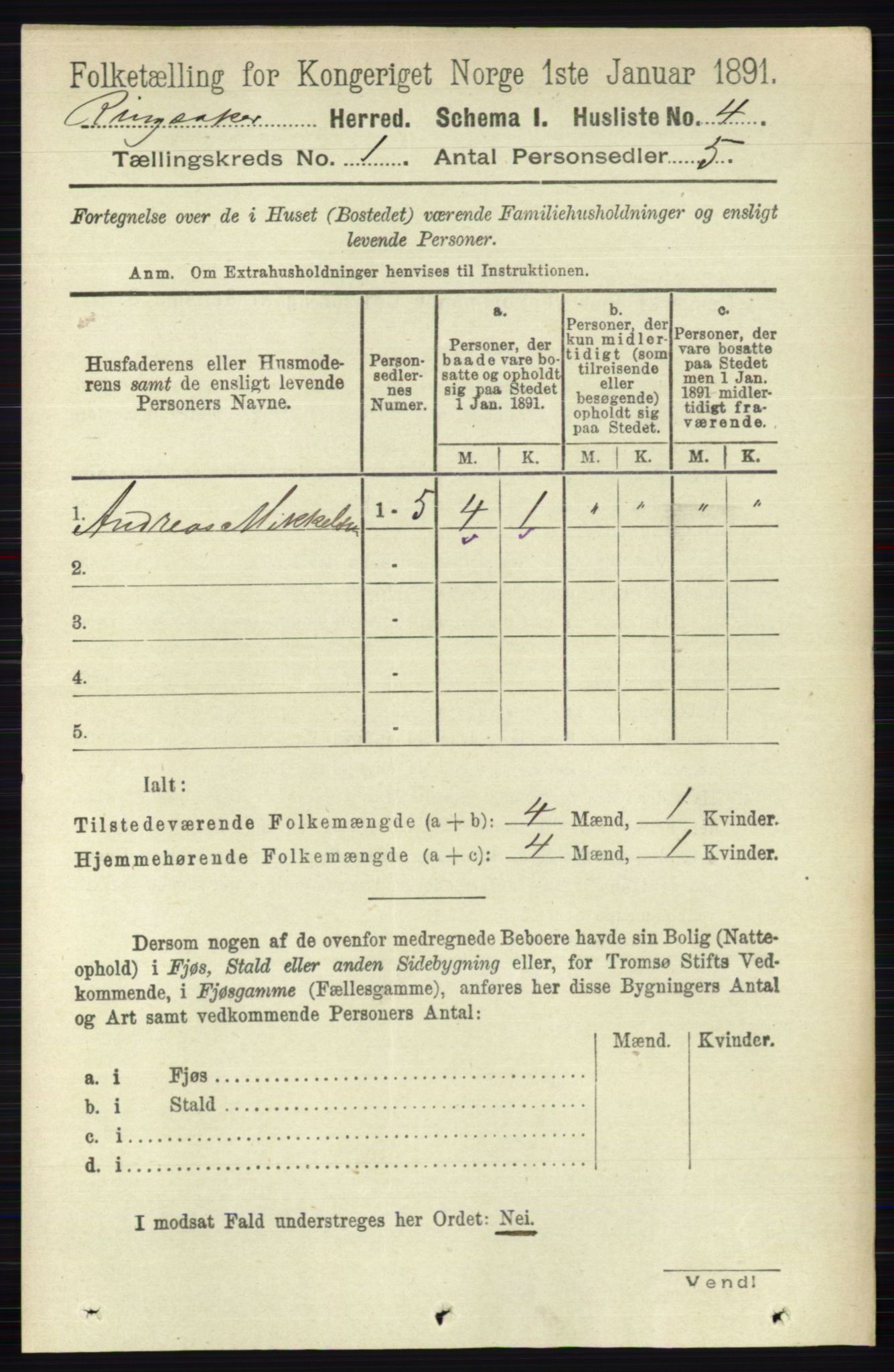 RA, 1891 census for 0412 Ringsaker, 1891, p. 70