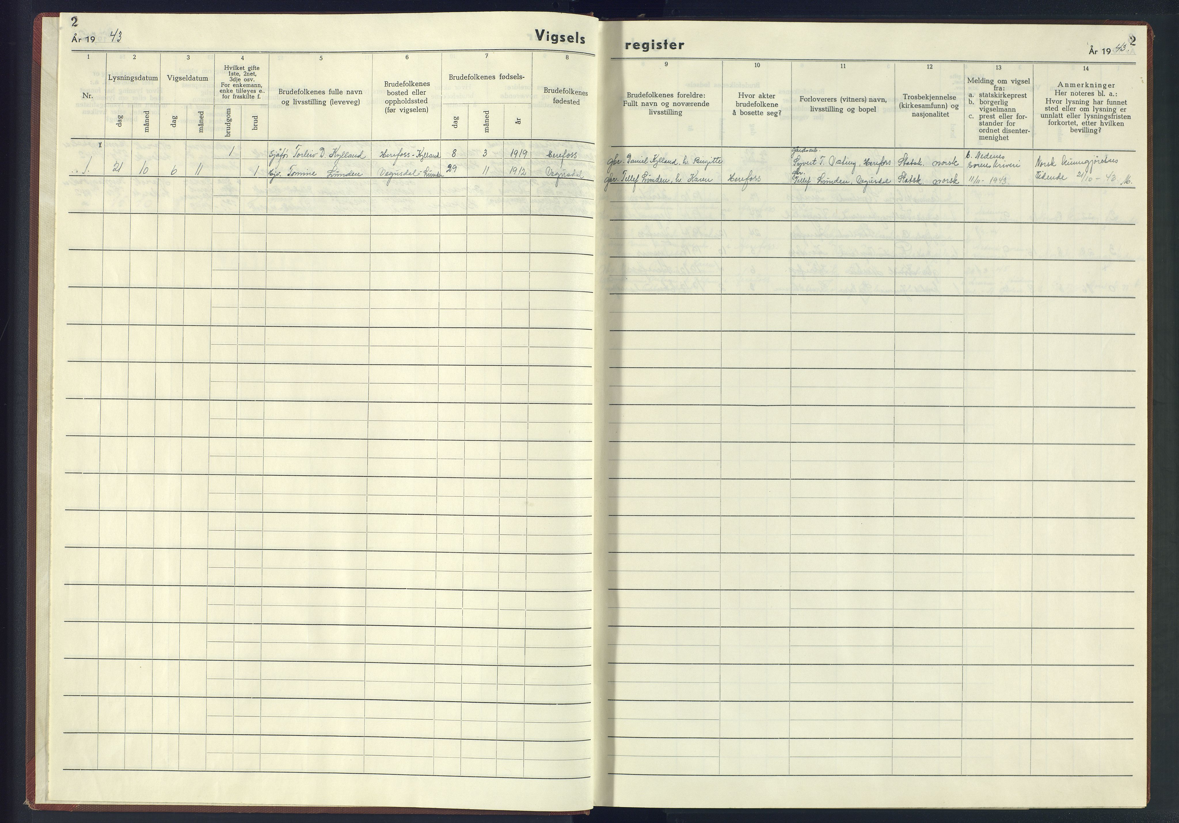 Herefoss sokneprestkontor, AV/SAK-1111-0019/J/Jb/L0004: Marriage register no. II.6.4, 1942-1945, p. 2