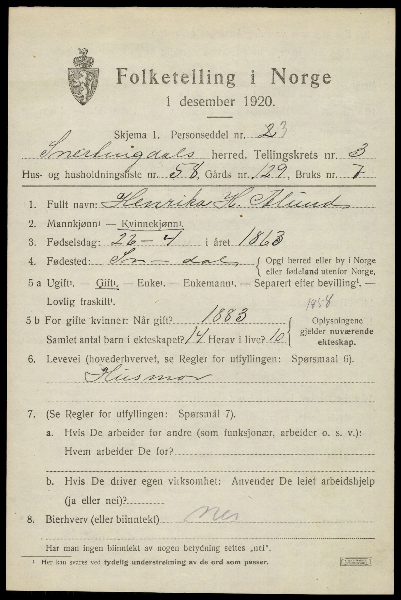 SAH, 1920 census for Snertingdal, 1920, p. 3343