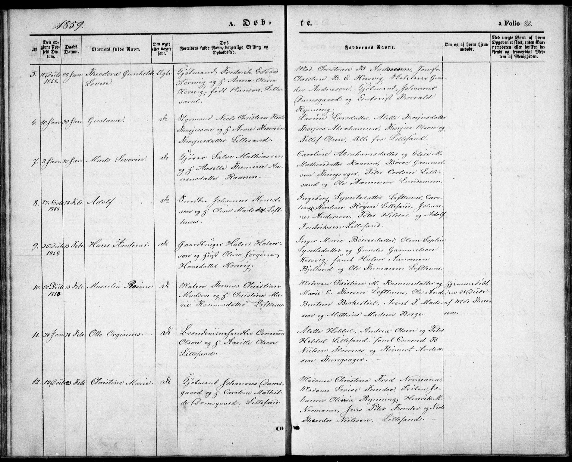 Vestre Moland sokneprestkontor, AV/SAK-1111-0046/F/Fb/Fbb/L0003: Parish register (copy) no. B 3, 1851-1861, p. 82