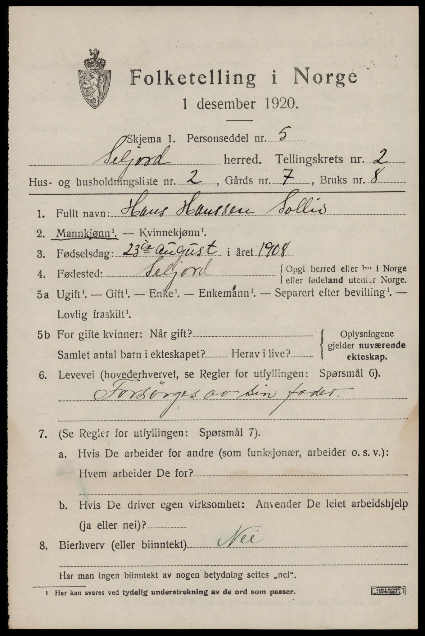 SAKO, 1920 census for Seljord, 1920, p. 1542