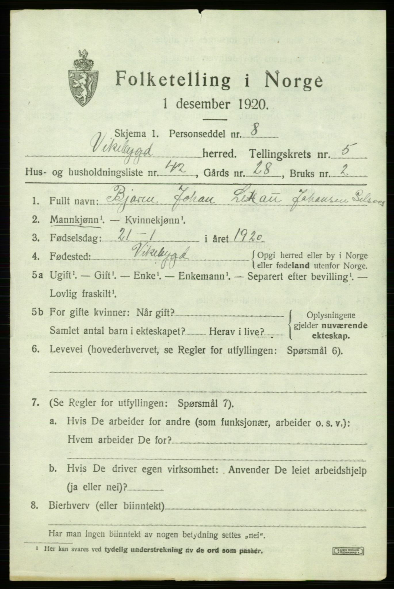 SAB, 1920 census for Vikebygd, 1920, p. 2175