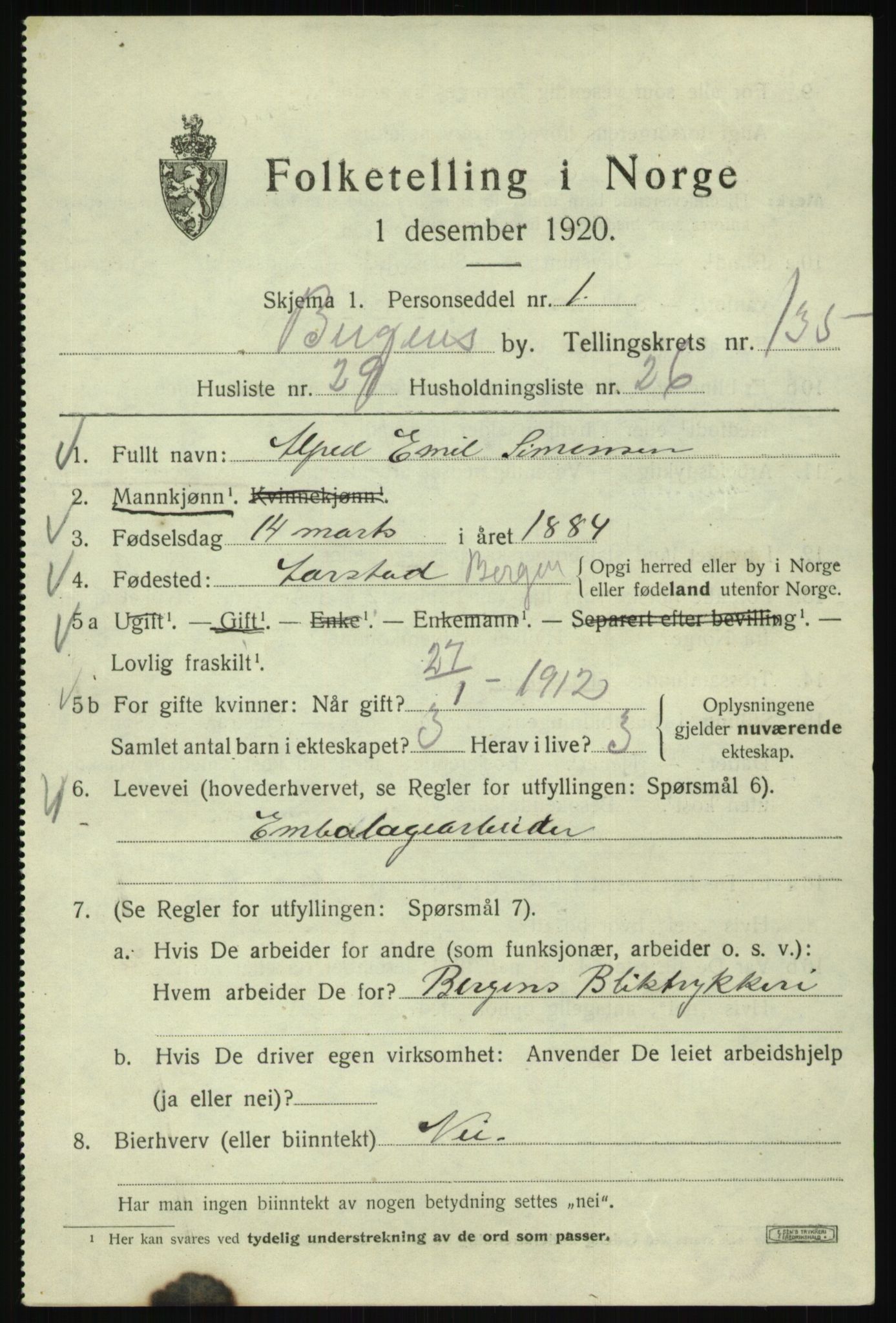 SAB, 1920 census for Bergen, 1920, p. 226740