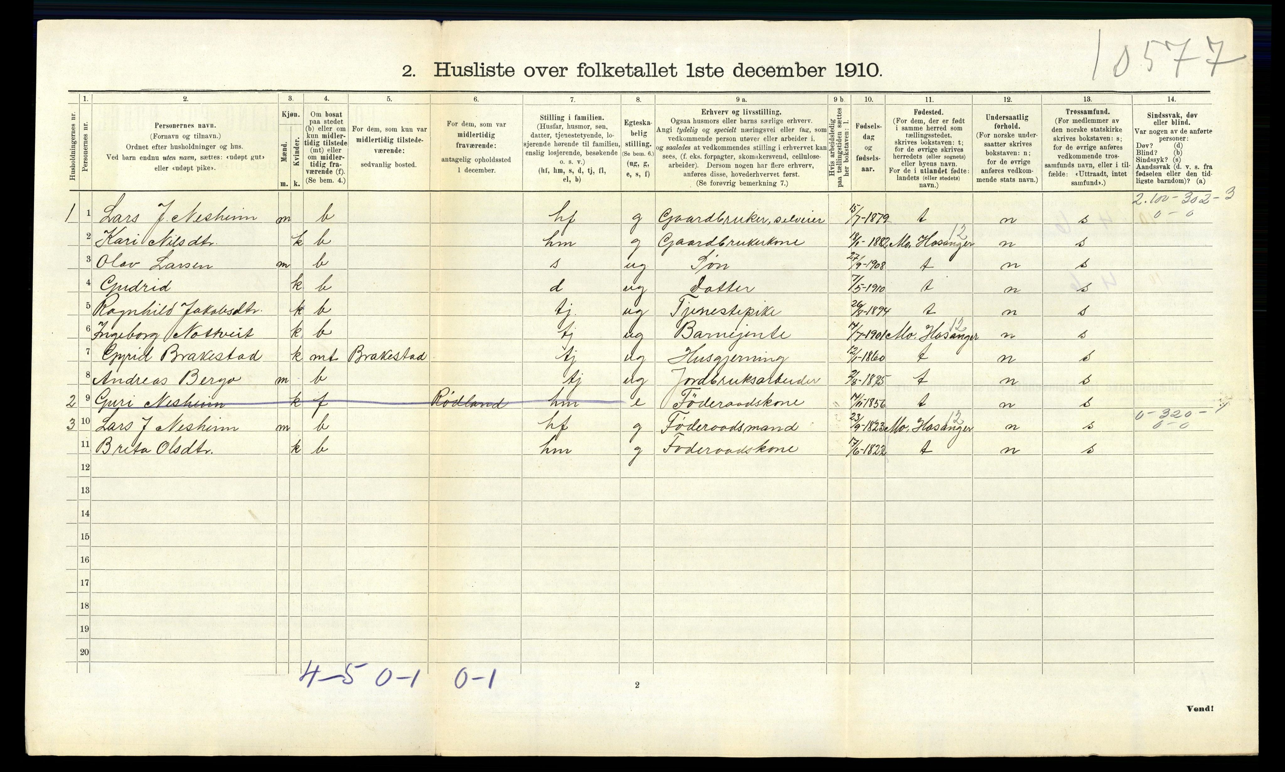 RA, 1910 census for Evanger, 1910, p. 350