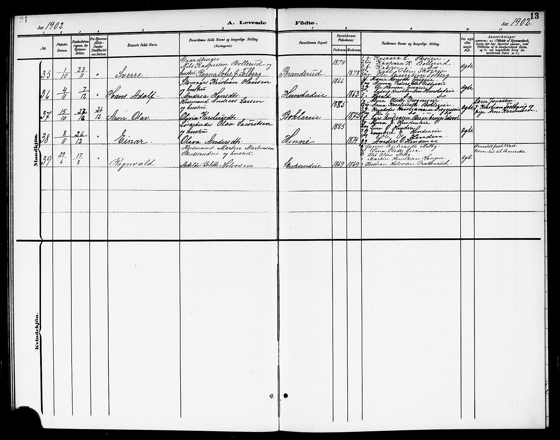 Nes prestekontor Kirkebøker, AV/SAO-A-10410/G/Gc/L0001: Parish register (copy) no. III 1, 1901-1917, p. 13