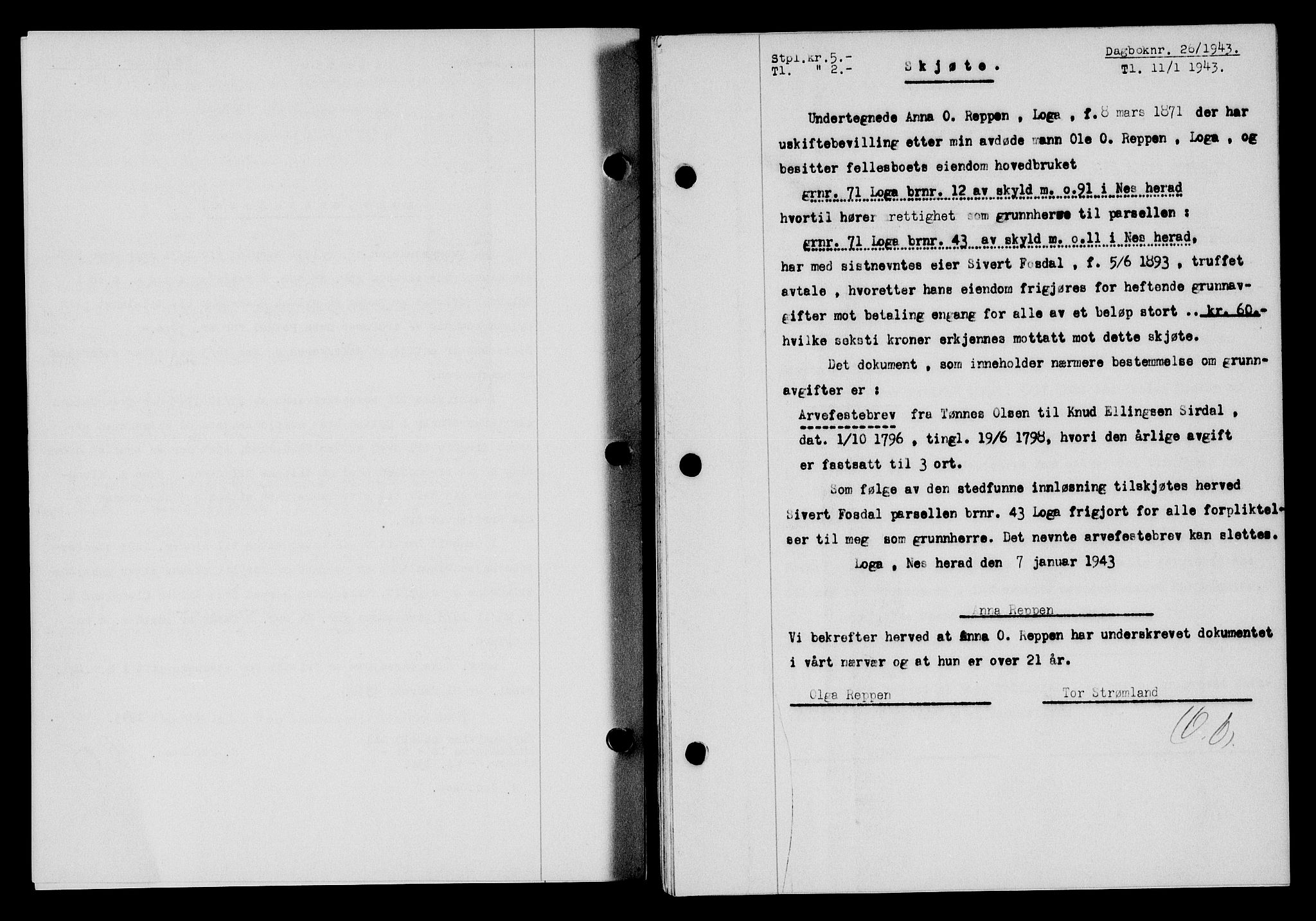 Flekkefjord sorenskriveri, SAK/1221-0001/G/Gb/Gba/L0058: Mortgage book no. A-6, 1942-1944, Diary no: : 26/1943