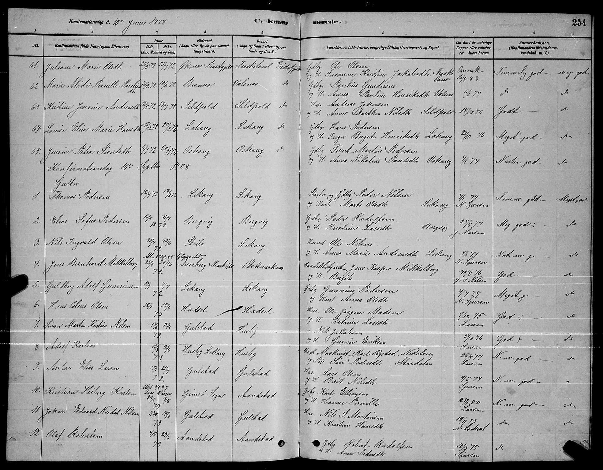 Ministerialprotokoller, klokkerbøker og fødselsregistre - Nordland, AV/SAT-A-1459/888/L1267: Parish register (copy) no. 888C05, 1878-1890, p. 254