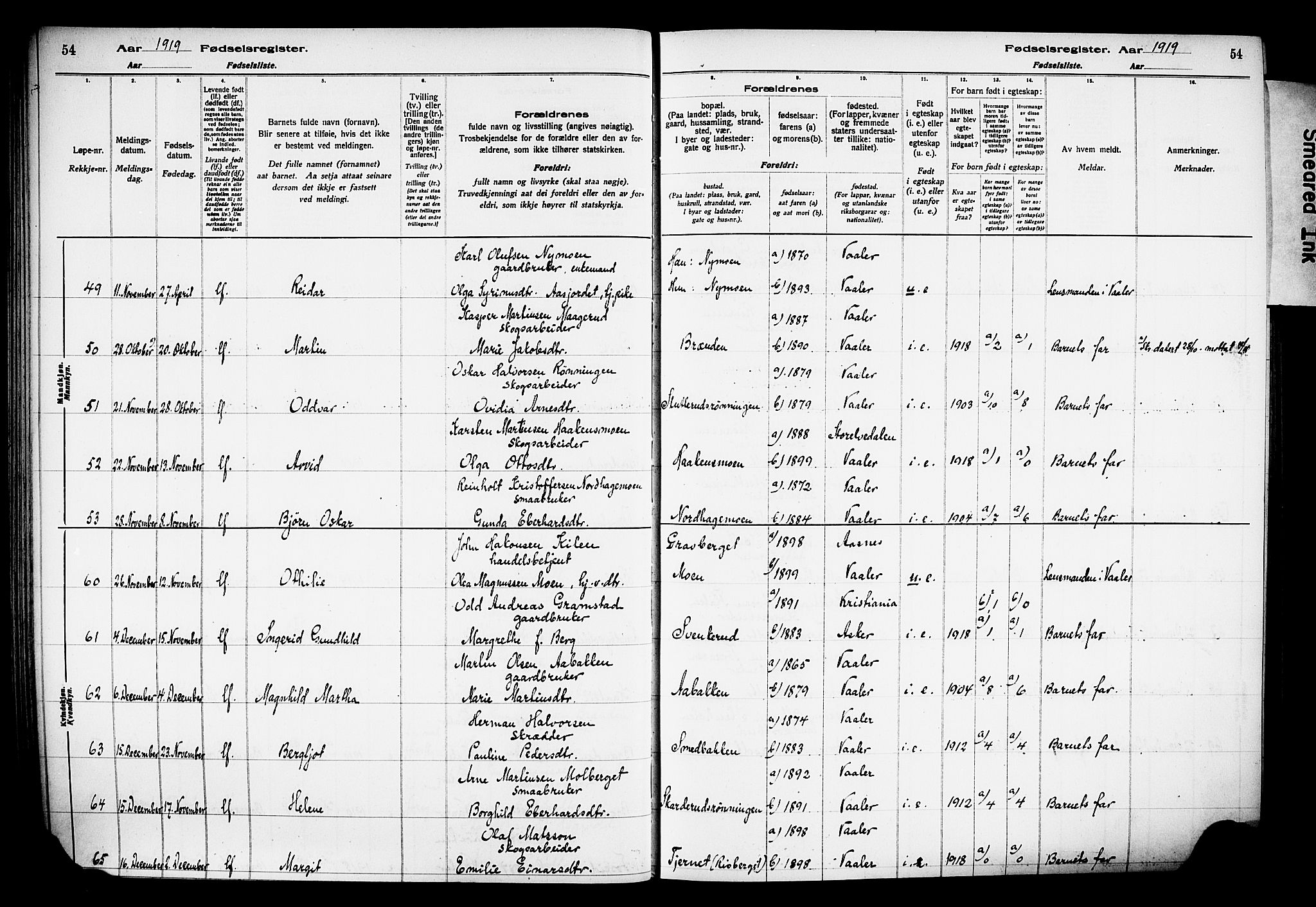 Våler prestekontor, Hedmark, AV/SAH-PREST-040/I/Id/L0001: Birth register no. 1, 1916-1930, p. 54