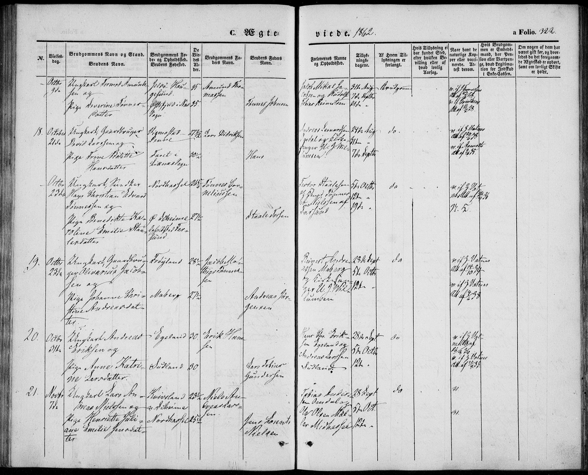 Lista sokneprestkontor, SAK/1111-0027/F/Fb/L0002: Parish register (copy) no. B 2, 1847-1862, p. 322