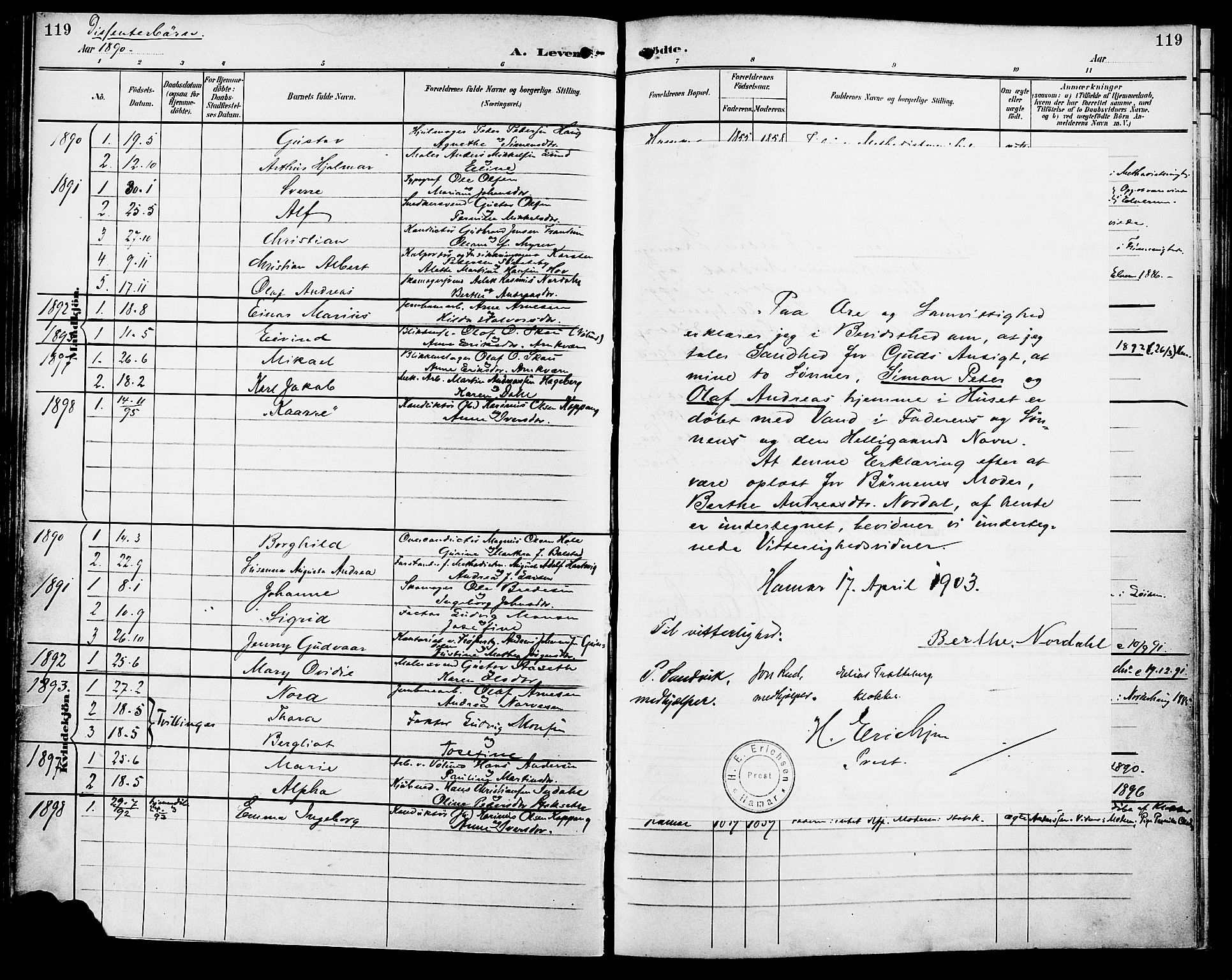 Vang prestekontor, Hedmark, SAH/PREST-008/H/Ha/Haa/L0017: Parish register (official) no. 17, 1890-1899, p. 119