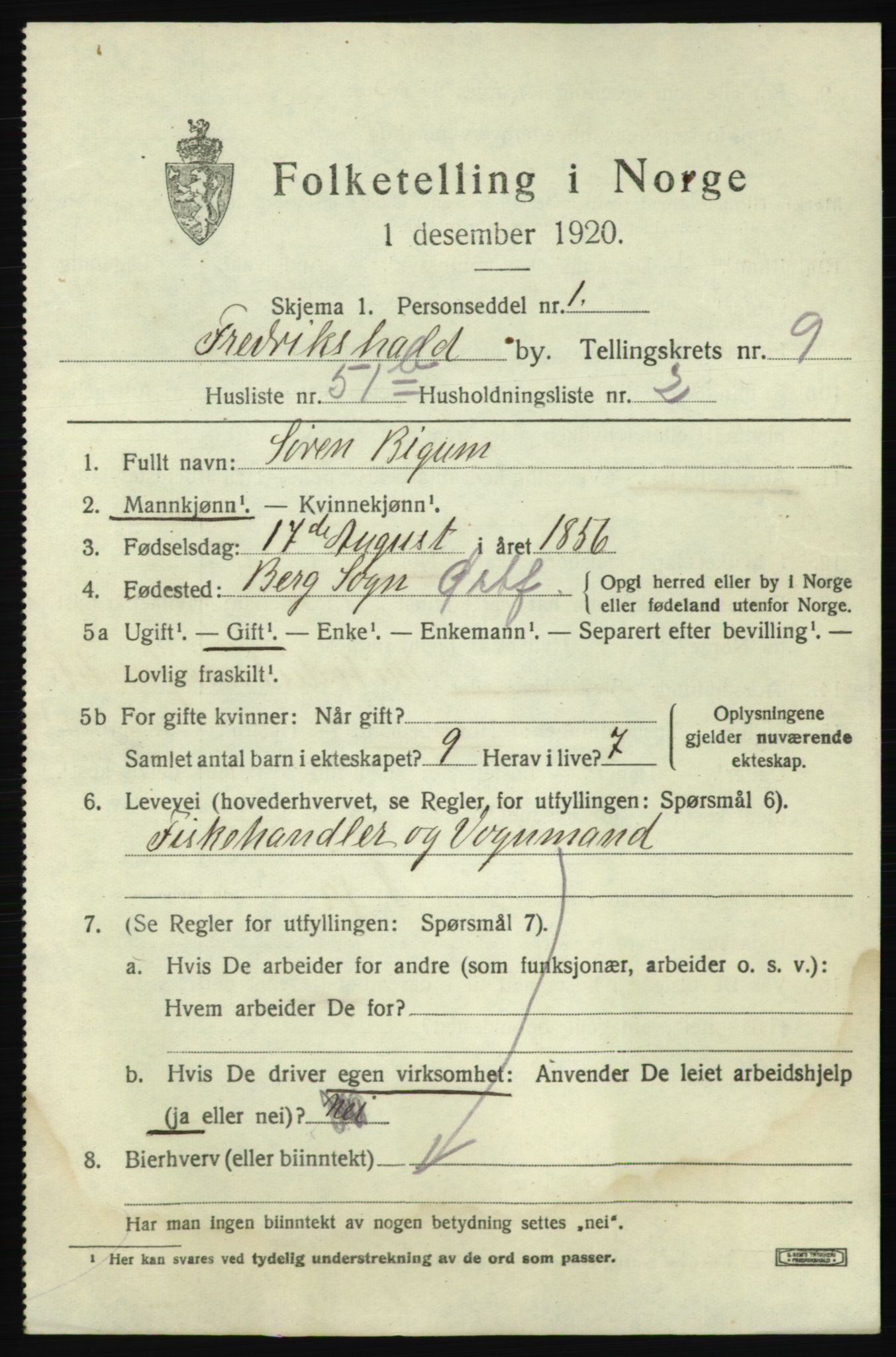 SAO, 1920 census for Fredrikshald, 1920, p. 17185