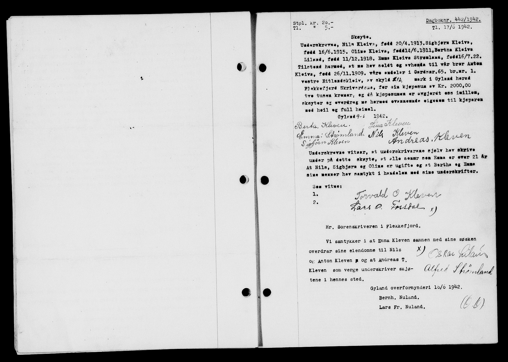Flekkefjord sorenskriveri, SAK/1221-0001/G/Gb/Gba/L0057: Mortgage book no. A-5, 1941-1942, Diary no: : 442/1942