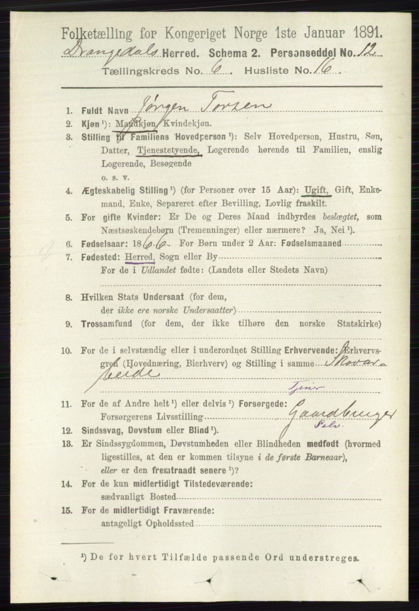 RA, 1891 census for 0817 Drangedal, 1891, p. 2109