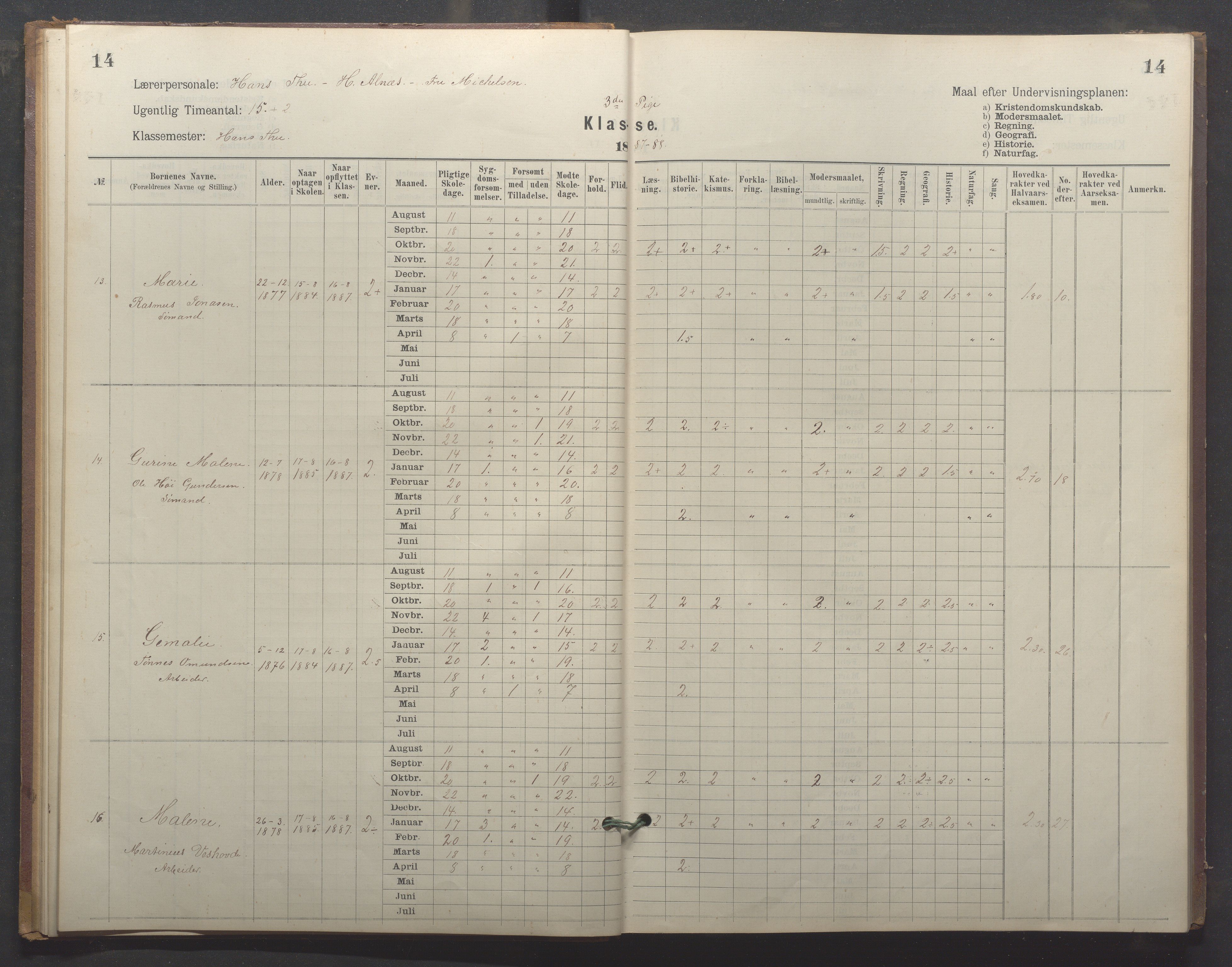 Egersund kommune (Ladested) - Egersund almueskole/folkeskole, IKAR/K-100521/H/L0024: Skoleprotokoll - Almueskolen, 3. klasse, 1887-1892, p. 14