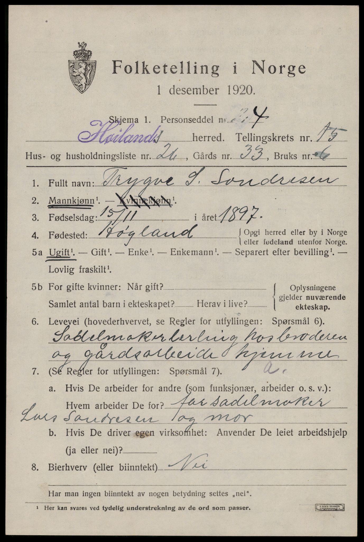 SAST, 1920 census for Høyland, 1920, p. 13990