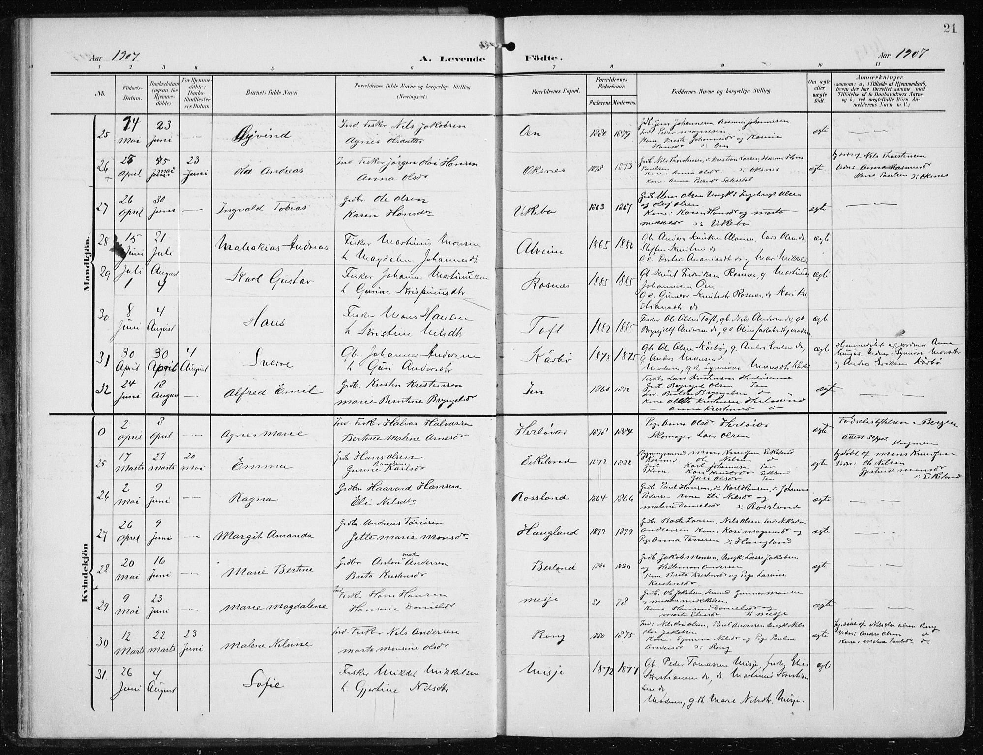 Herdla Sokneprestembete, AV/SAB-A-75701/H/Haa: Parish register (official) no. A 5, 1905-1918, p. 21