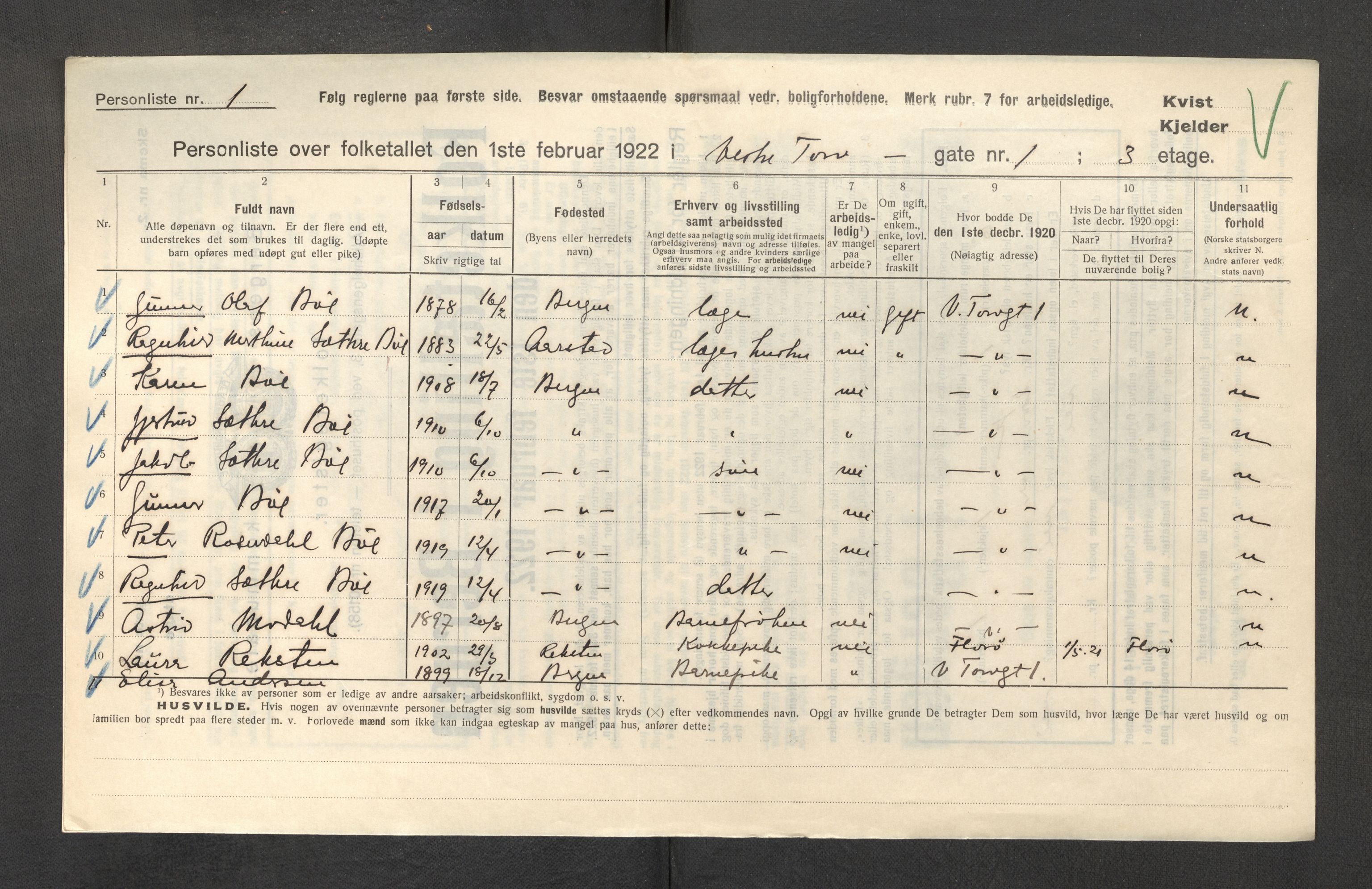 SAB, Municipal Census 1922 for Bergen, 1922, p. 44574