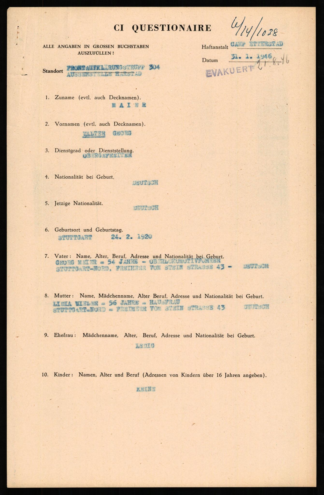 Forsvaret, Forsvarets overkommando II, AV/RA-RAFA-3915/D/Db/L0021: CI Questionaires. Tyske okkupasjonsstyrker i Norge. Tyskere., 1945-1946, p. 79