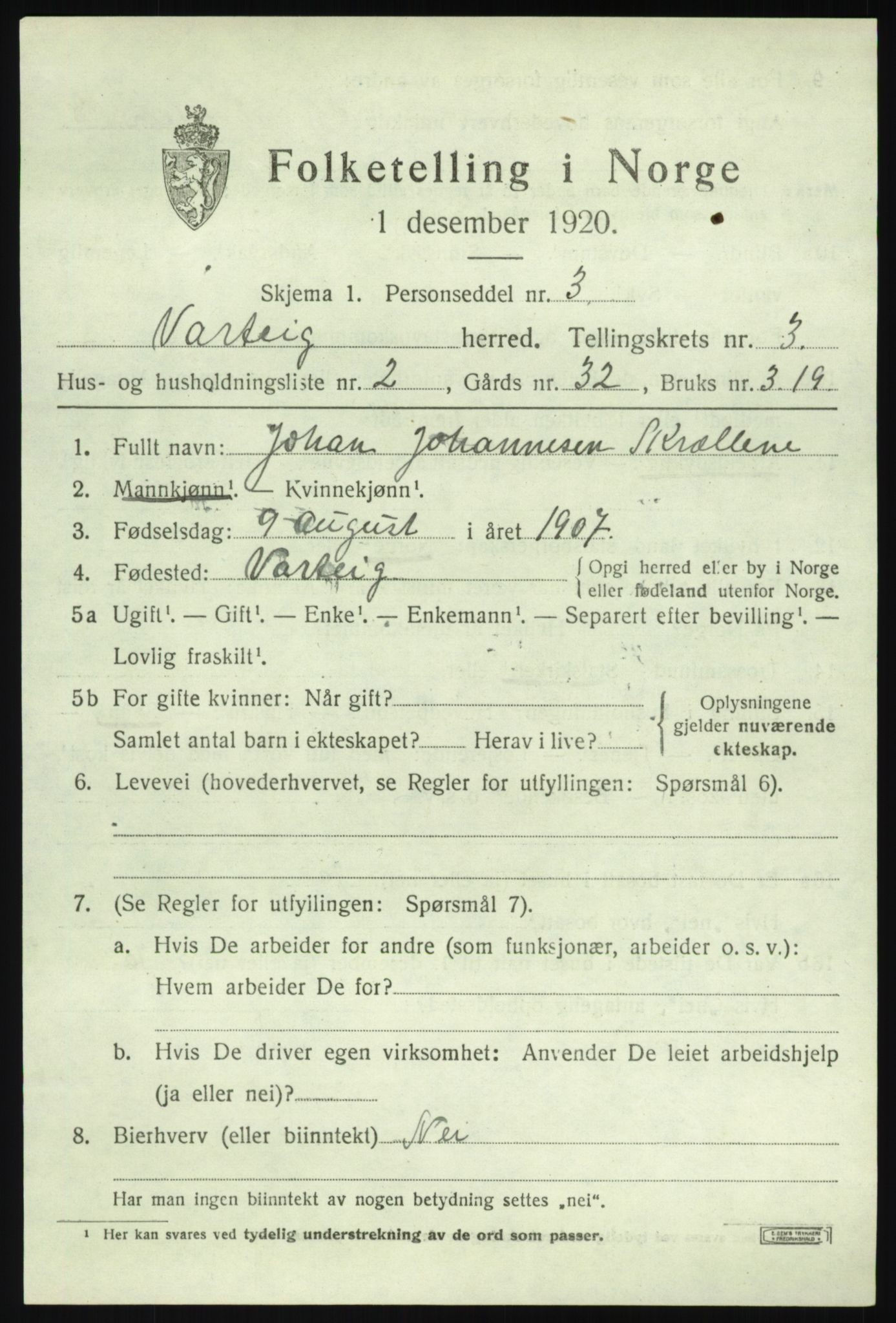 SAO, 1920 census for Varteig, 1920, p. 1953