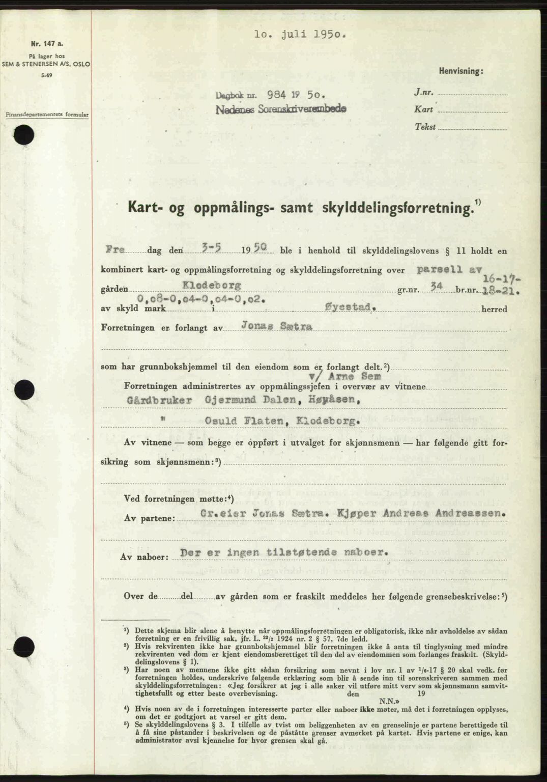 Nedenes sorenskriveri, AV/SAK-1221-0006/G/Gb/Gba/L0062: Mortgage book no. A14, 1949-1950, Diary no: : 984/1950