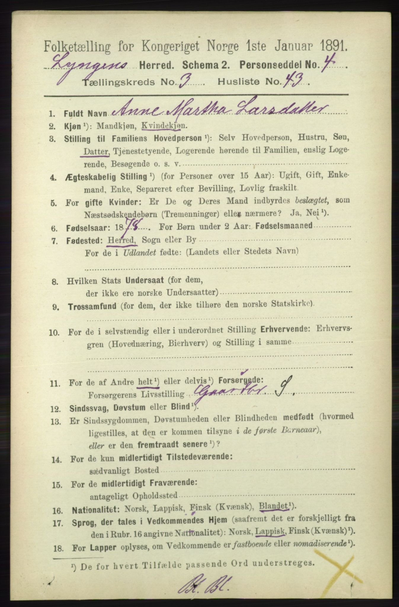 RA, 1891 census for 1938 Lyngen, 1891, p. 3430