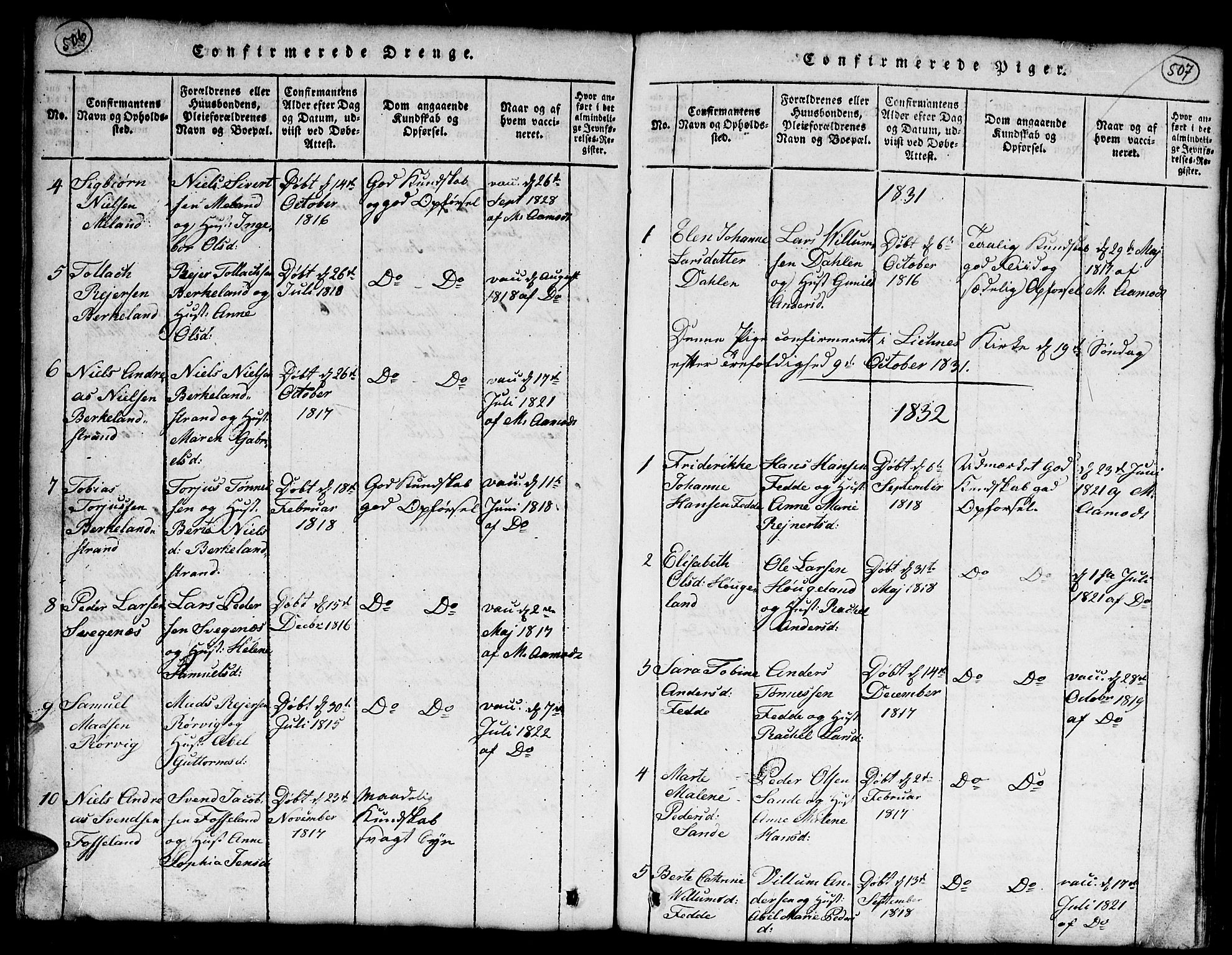 Kvinesdal sokneprestkontor, SAK/1111-0026/F/Fb/Fba/L0001: Parish register (copy) no. B 1, 1815-1839, p. 506-507