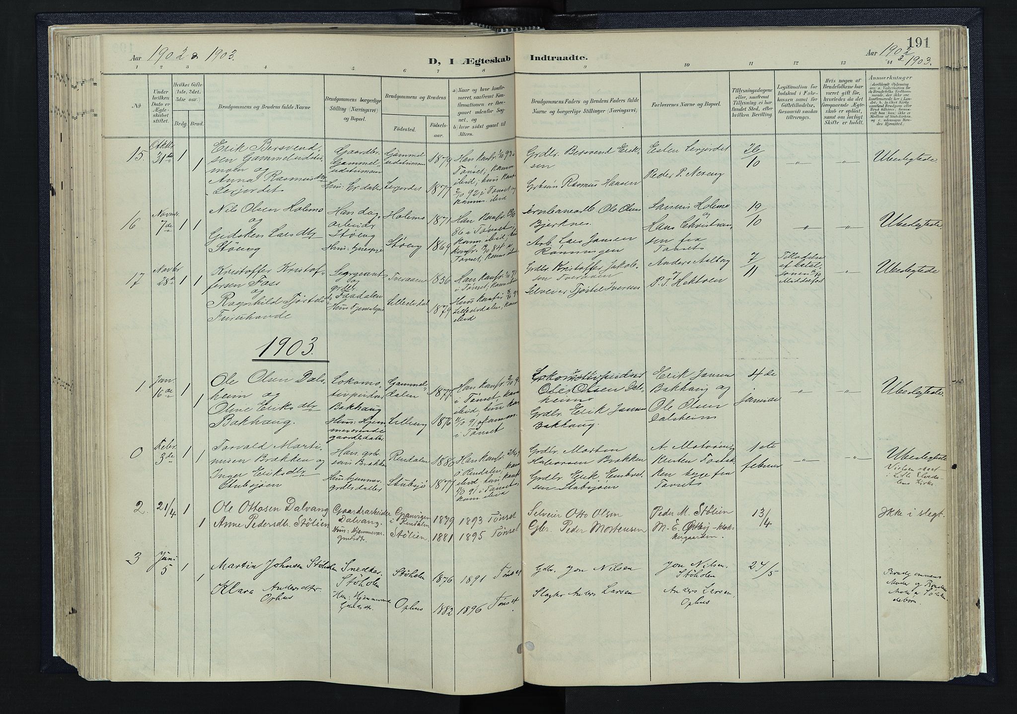 Tynset prestekontor, SAH/PREST-058/H/Ha/Haa/L0025: Parish register (official) no. 25, 1900-1914, p. 191