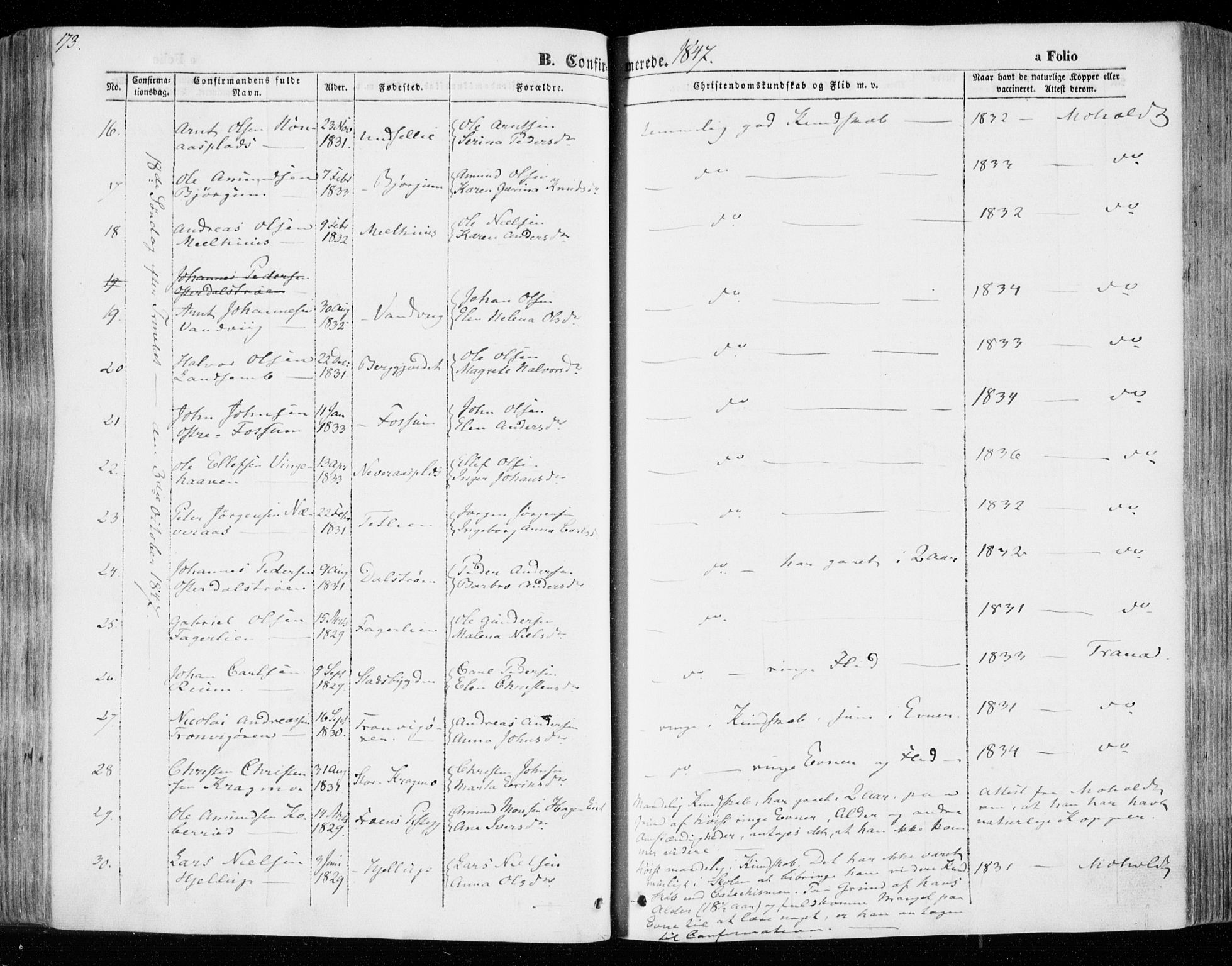 Ministerialprotokoller, klokkerbøker og fødselsregistre - Nord-Trøndelag, AV/SAT-A-1458/701/L0007: Parish register (official) no. 701A07 /1, 1842-1854, p. 173