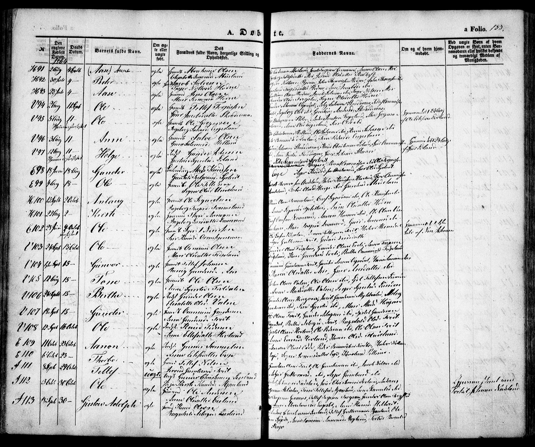 Evje sokneprestkontor, SAK/1111-0008/F/Fa/Faa/L0005: Parish register (official) no. A 5, 1843-1865, p. 183