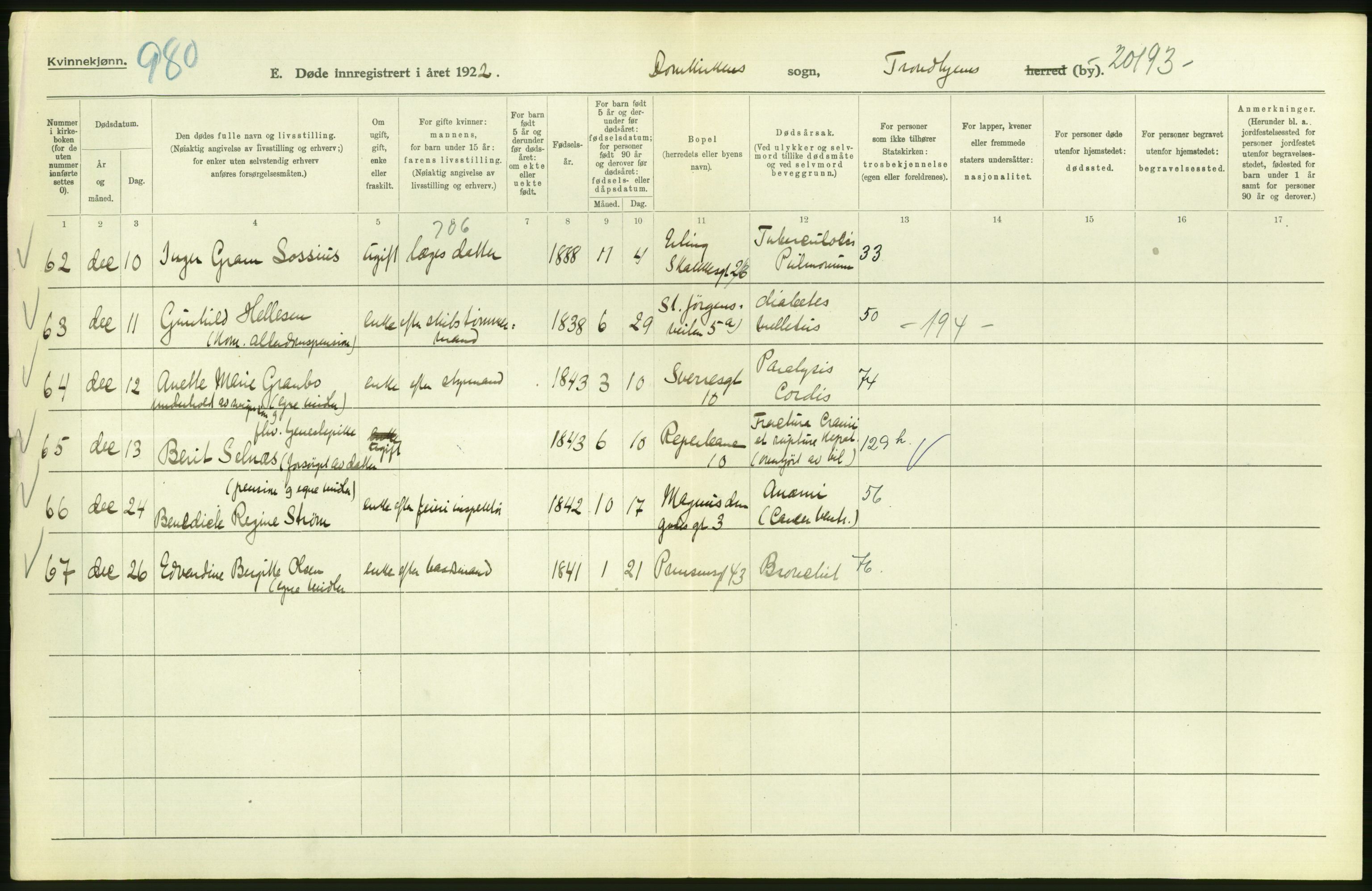 Statistisk sentralbyrå, Sosiodemografiske emner, Befolkning, AV/RA-S-2228/D/Df/Dfc/Dfcb/L0040: Trondheim: Gifte, døde, dødfødte., 1922, p. 230