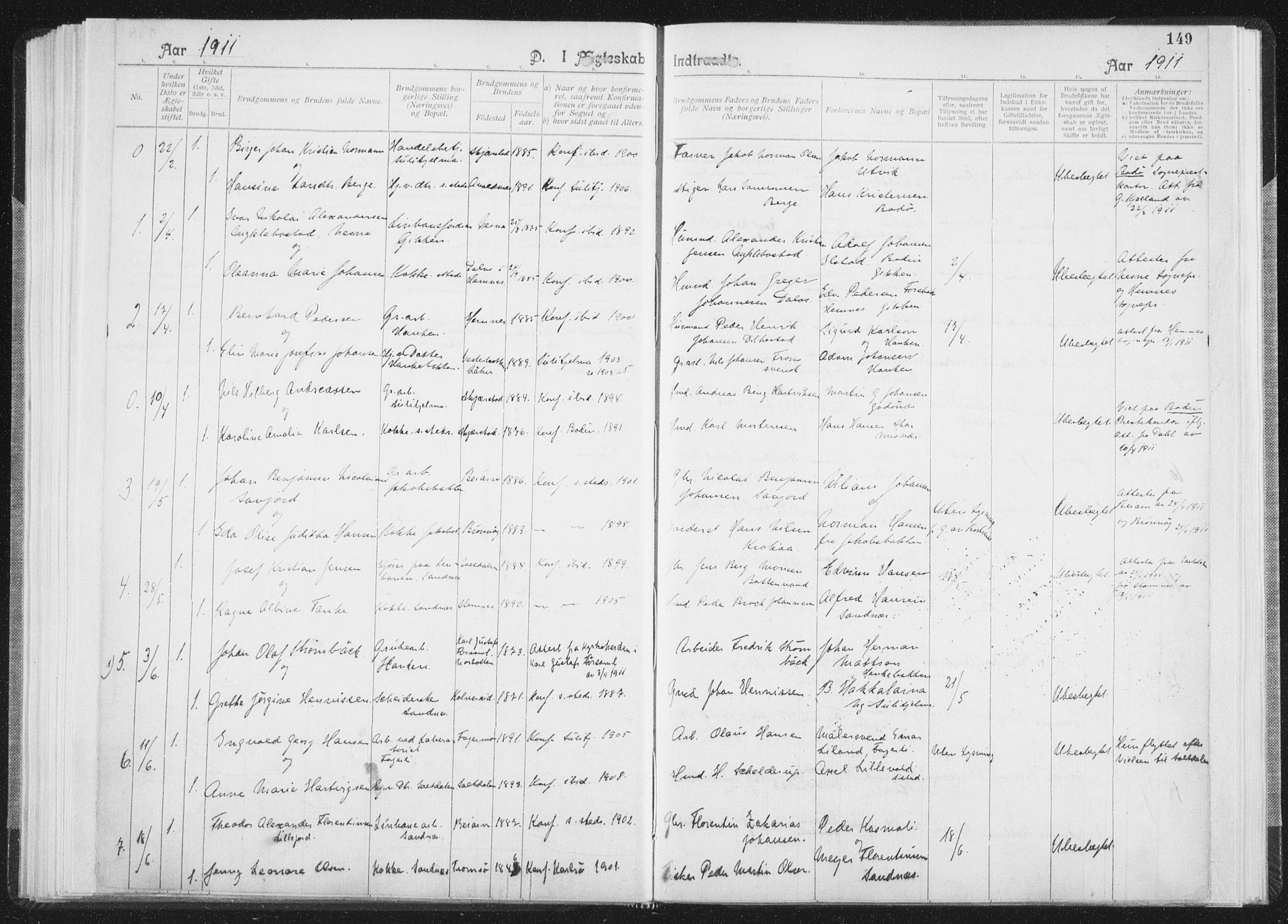 Ministerialprotokoller, klokkerbøker og fødselsregistre - Nordland, SAT/A-1459/850/L0711: Curate's parish register no. 850B01, 1902-1915, p. 149