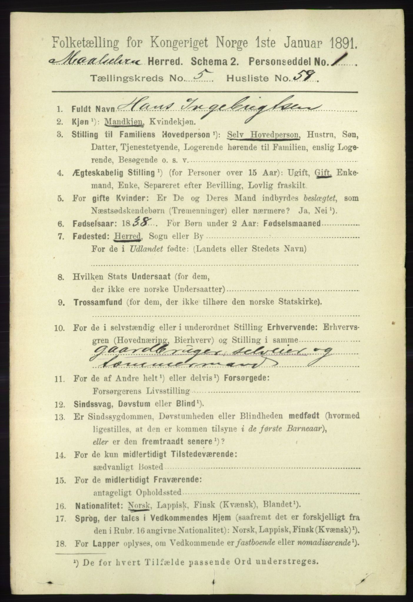 RA, 1891 census for 1924 Målselv, 1891, p. 1999