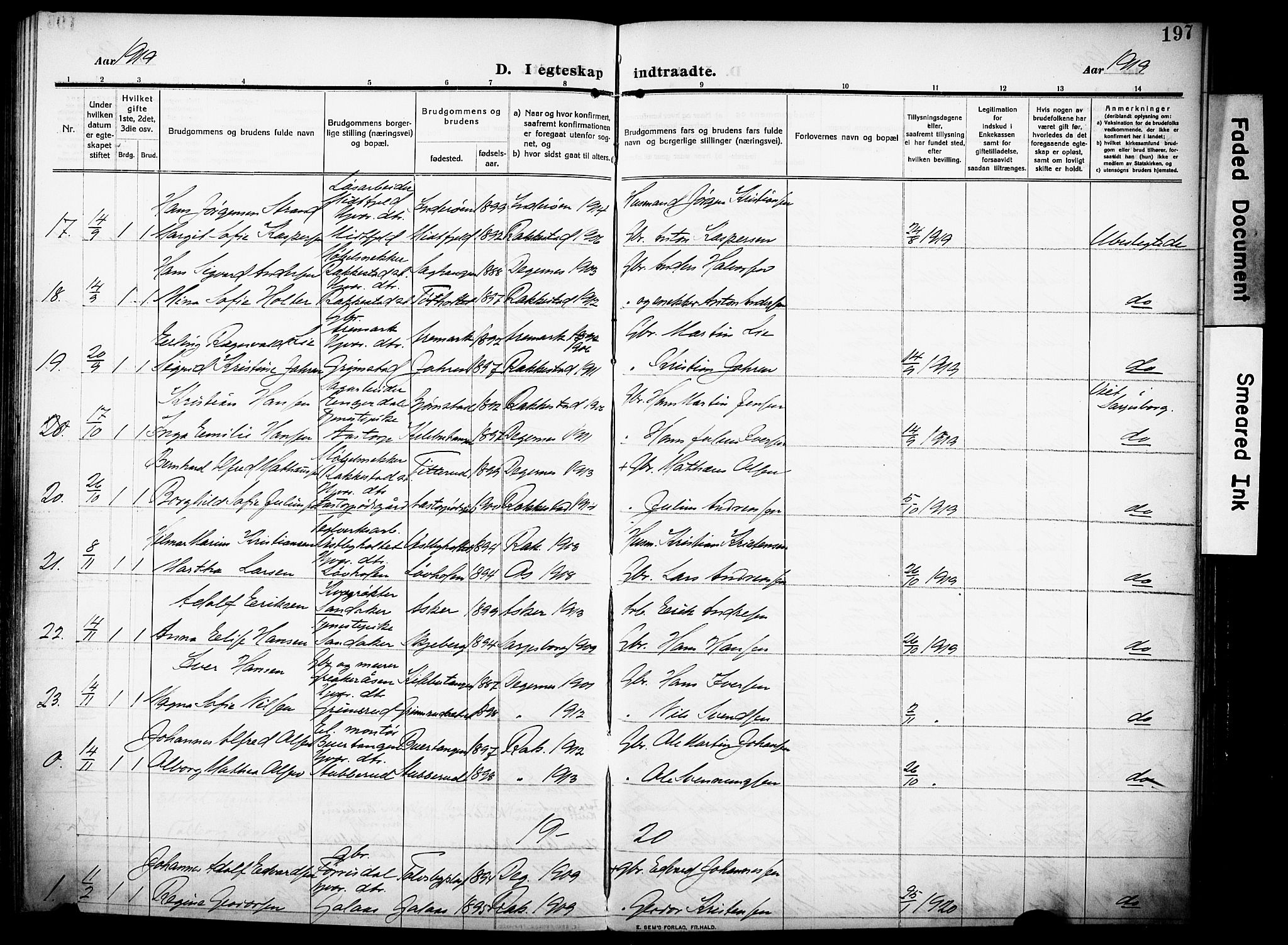 Rakkestad prestekontor Kirkebøker, AV/SAO-A-2008/F/Fa/L0015: Parish register (official) no. I 15, 1909-1922, p. 197