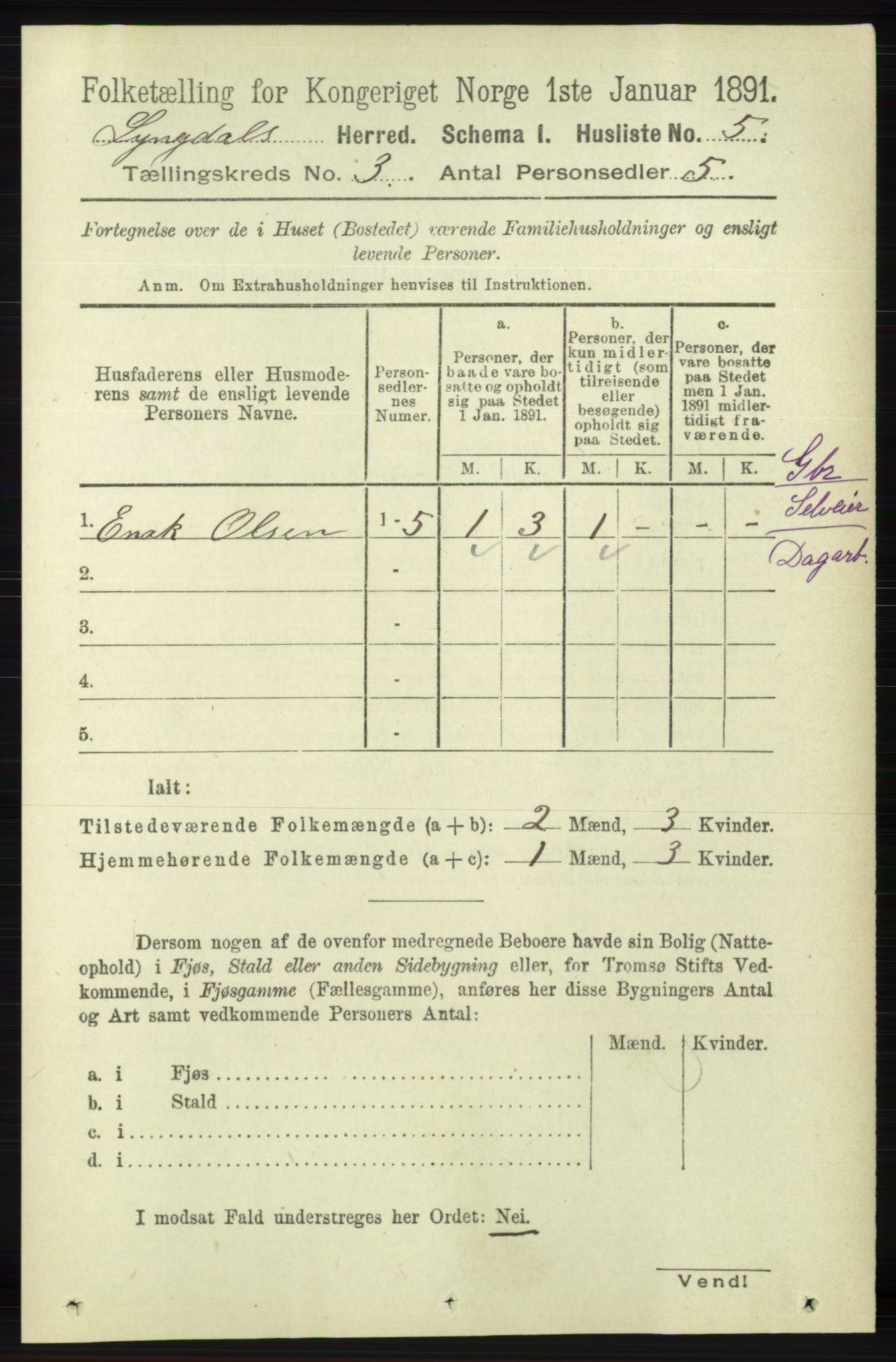 RA, 1891 census for 1032 Lyngdal, 1891, p. 1034
