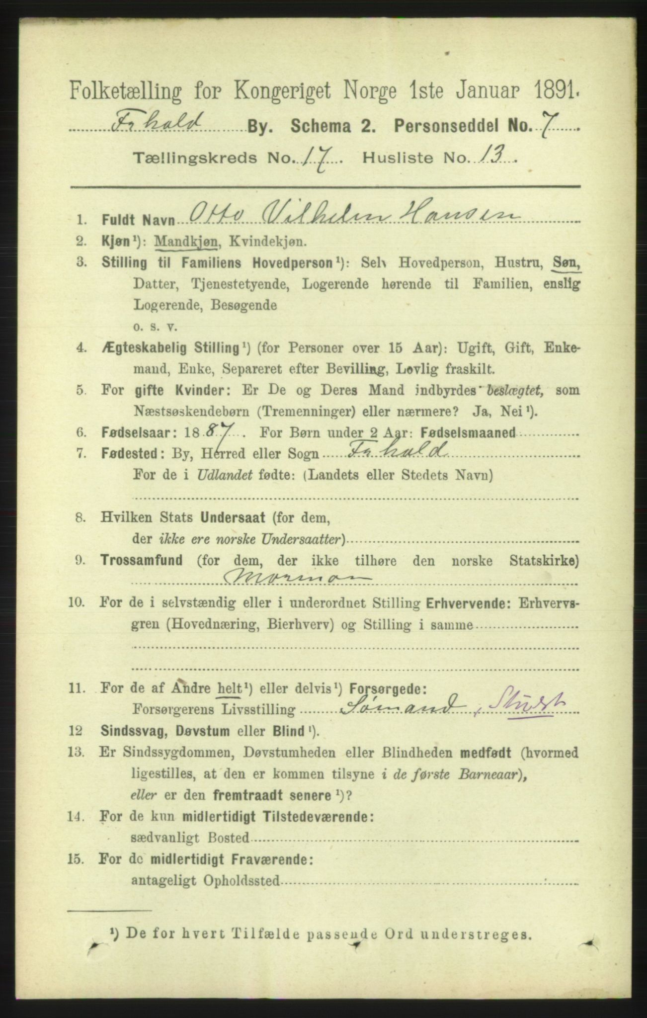 RA, 1891 census for 0101 Fredrikshald, 1891, p. 11094