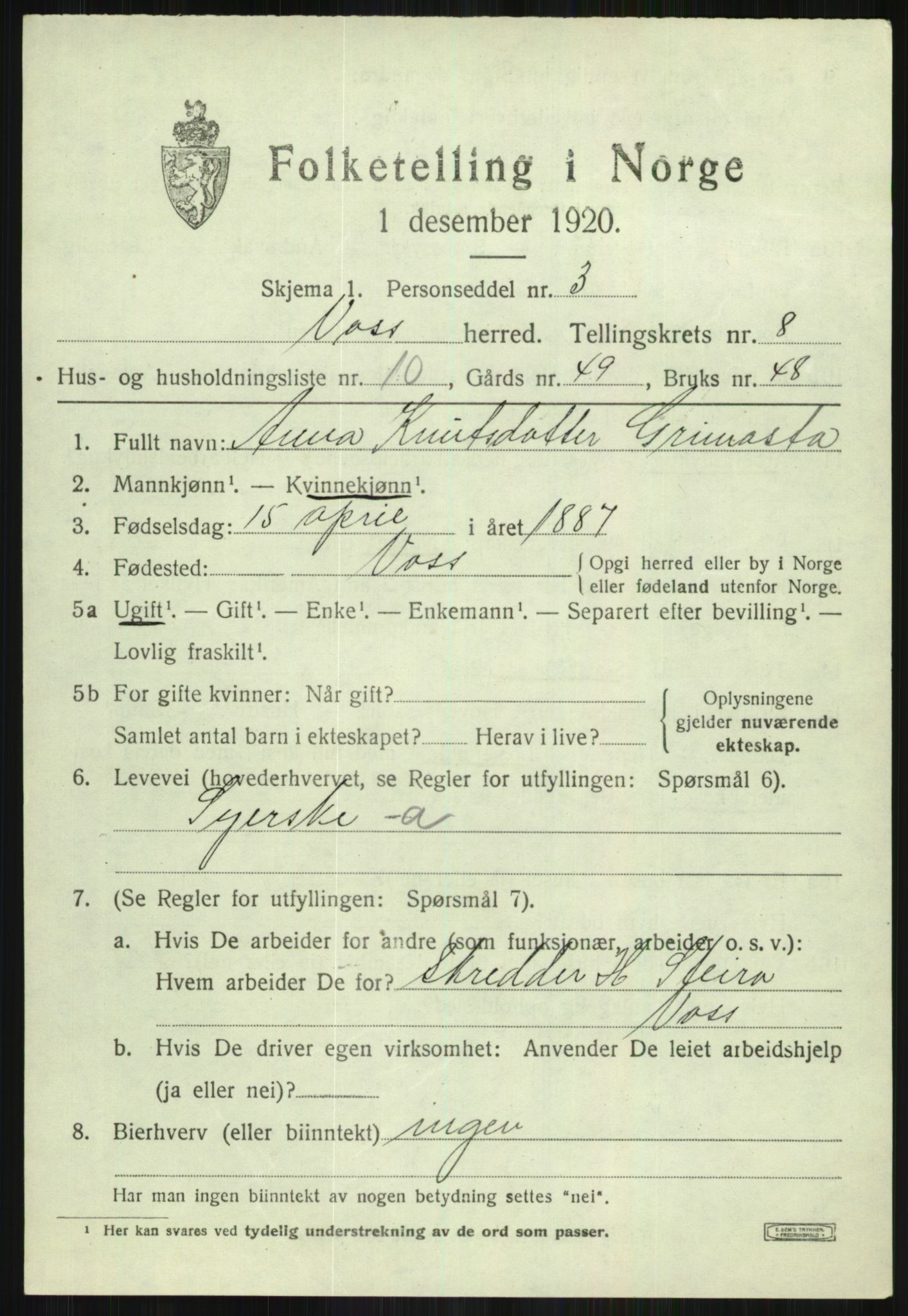 SAB, 1920 census for Voss, 1920, p. 7871