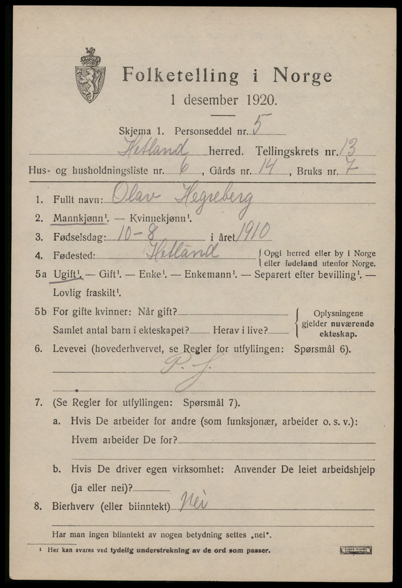 SAST, 1920 census for Hetland, 1920, p. 21705