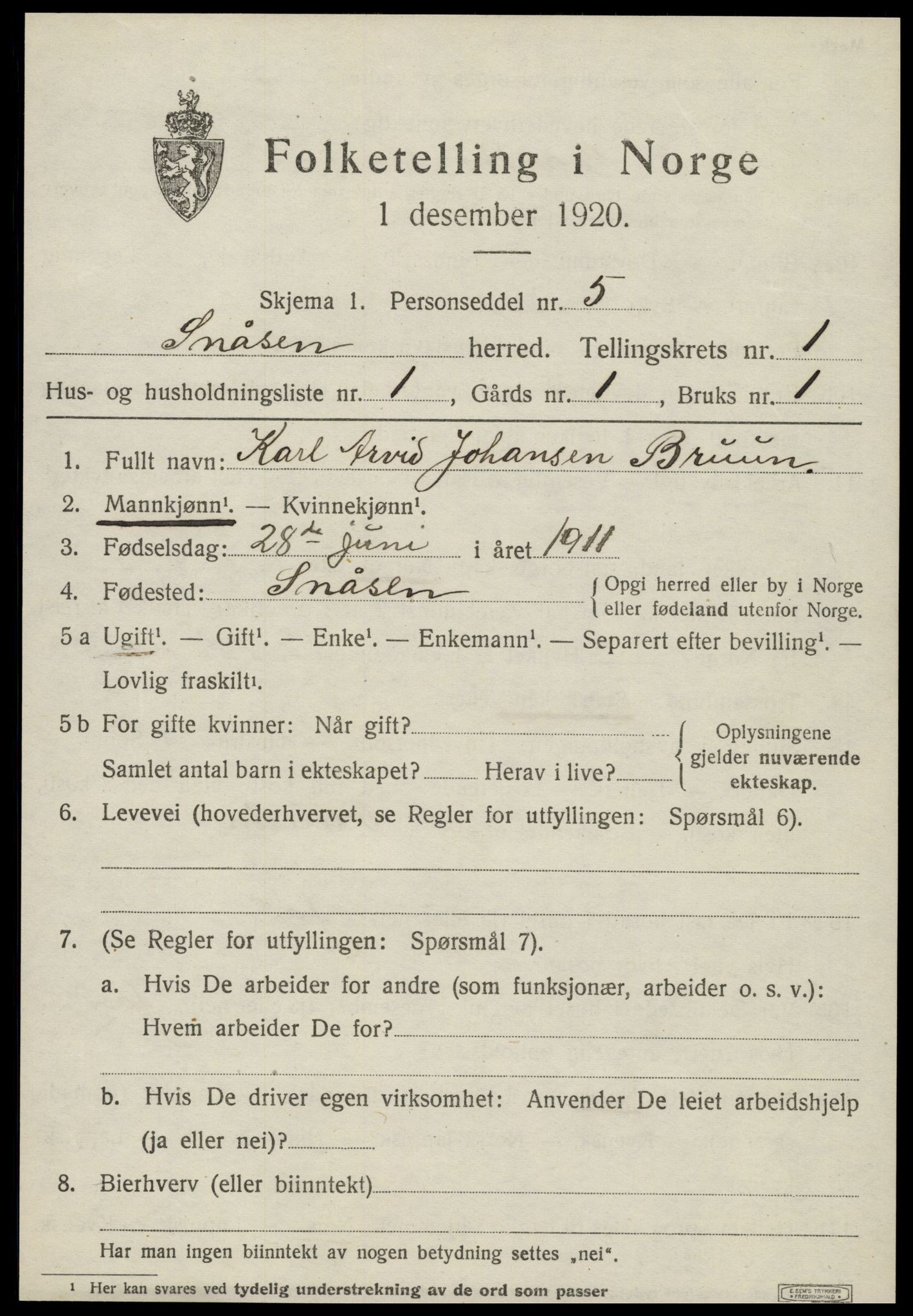 SAT, 1920 census for Snåsa, 1920, p. 1050