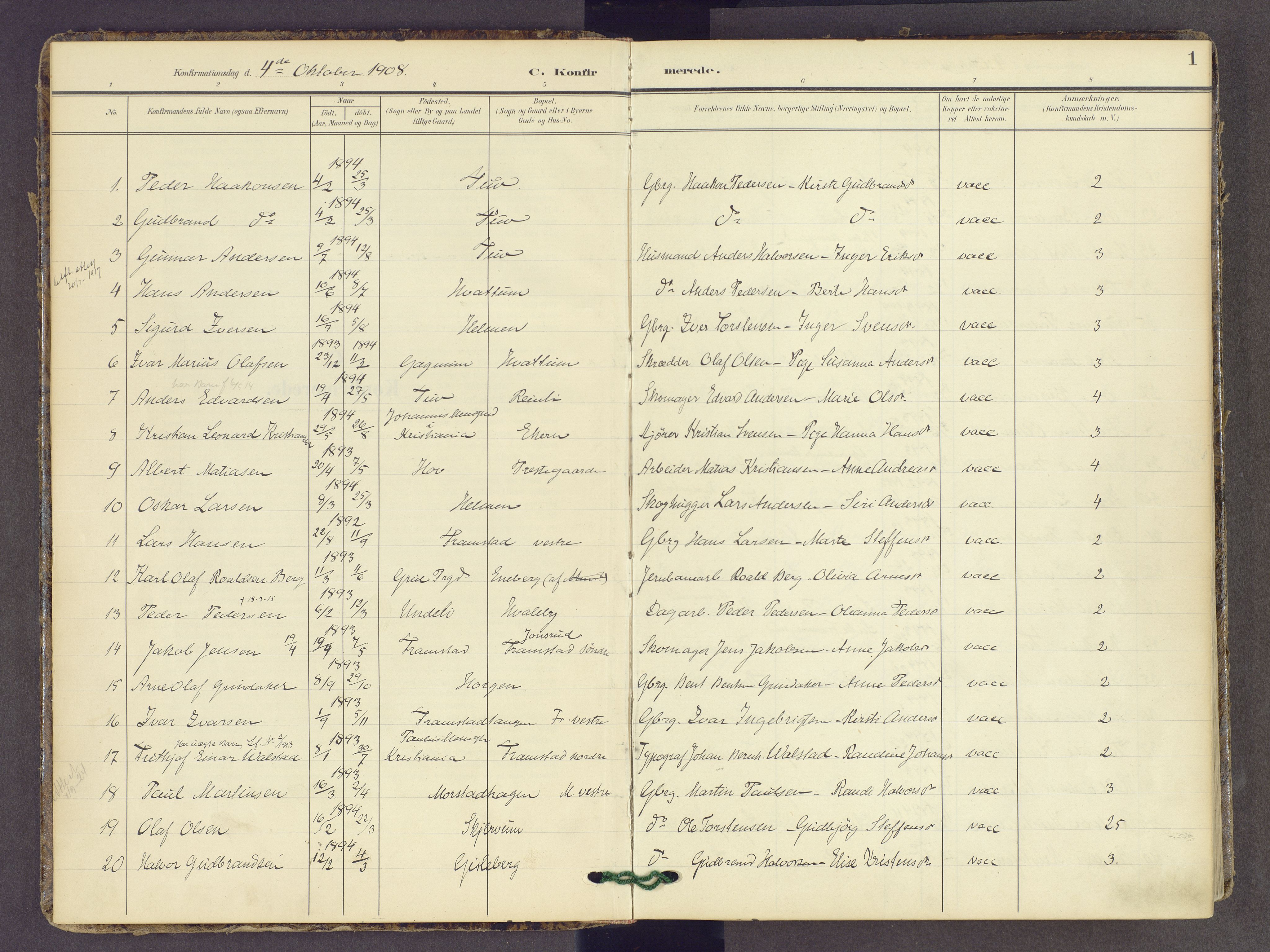 Gran prestekontor, SAH/PREST-112/H/Ha/Haa/L0022: Parish register (official) no. 22, 1908-1918, p. 1