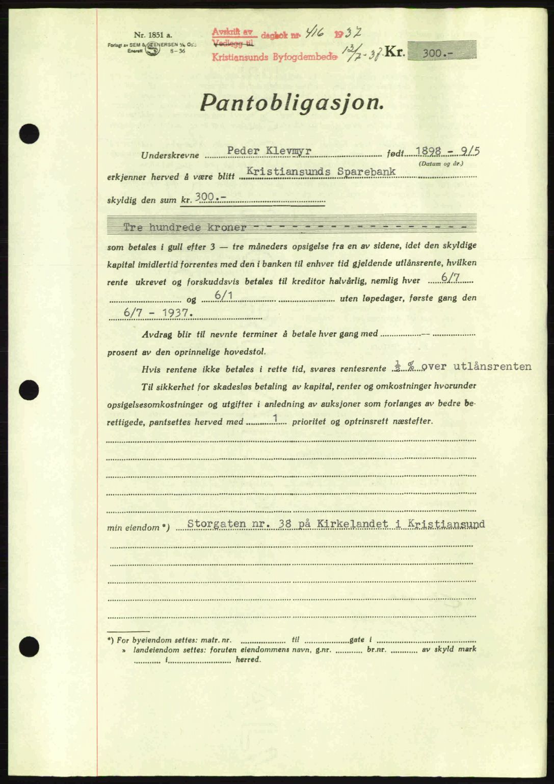 Kristiansund byfogd, AV/SAT-A-4587/A/27: Mortgage book no. 29, 1936-1937, Diary no: : 416/1937